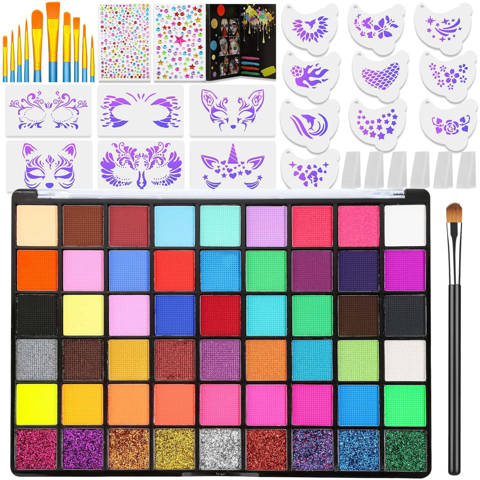 Professional Face Painting Kit For Kids And Adults - 54 Color Water Activated Cosplay Makeup Kit, Non-Toxic Body Paint With Stencils, Gems, Brushes- For Halloween Fx, Bday Parties, School Event