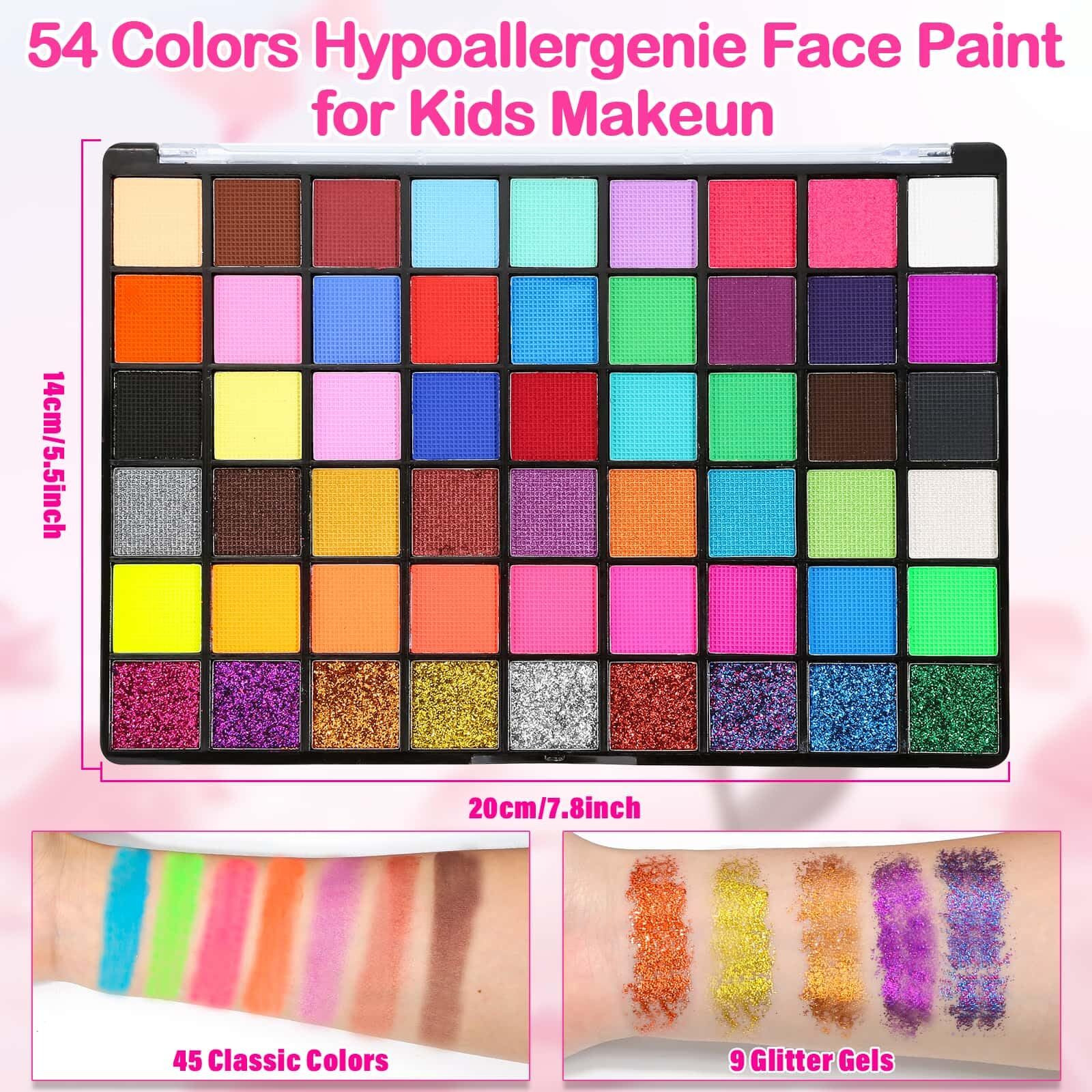 Professional Face Painting Kit For Kids And Adults - 54 Color Water Activated Cosplay Makeup Kit, Non-Toxic Body Paint With Stencils, Gems, Brushes- For Halloween Fx, Bday Parties, School Event