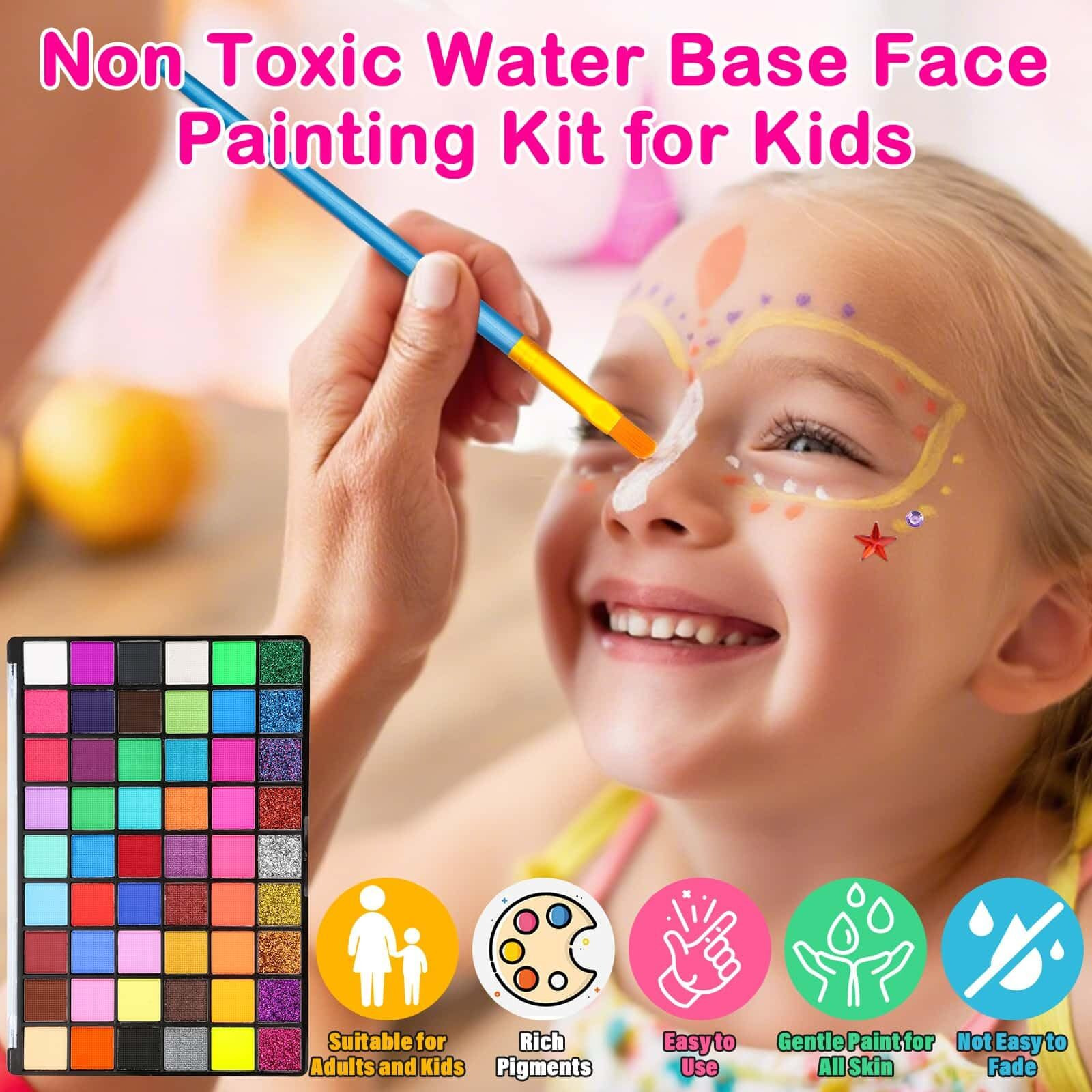 Professional Face Painting Kit For Kids And Adults - 54 Color Water Activated Cosplay Makeup Kit, Non-Toxic Body Paint With Stencils, Gems, Brushes- For Halloween Fx, Bday Parties, School Event