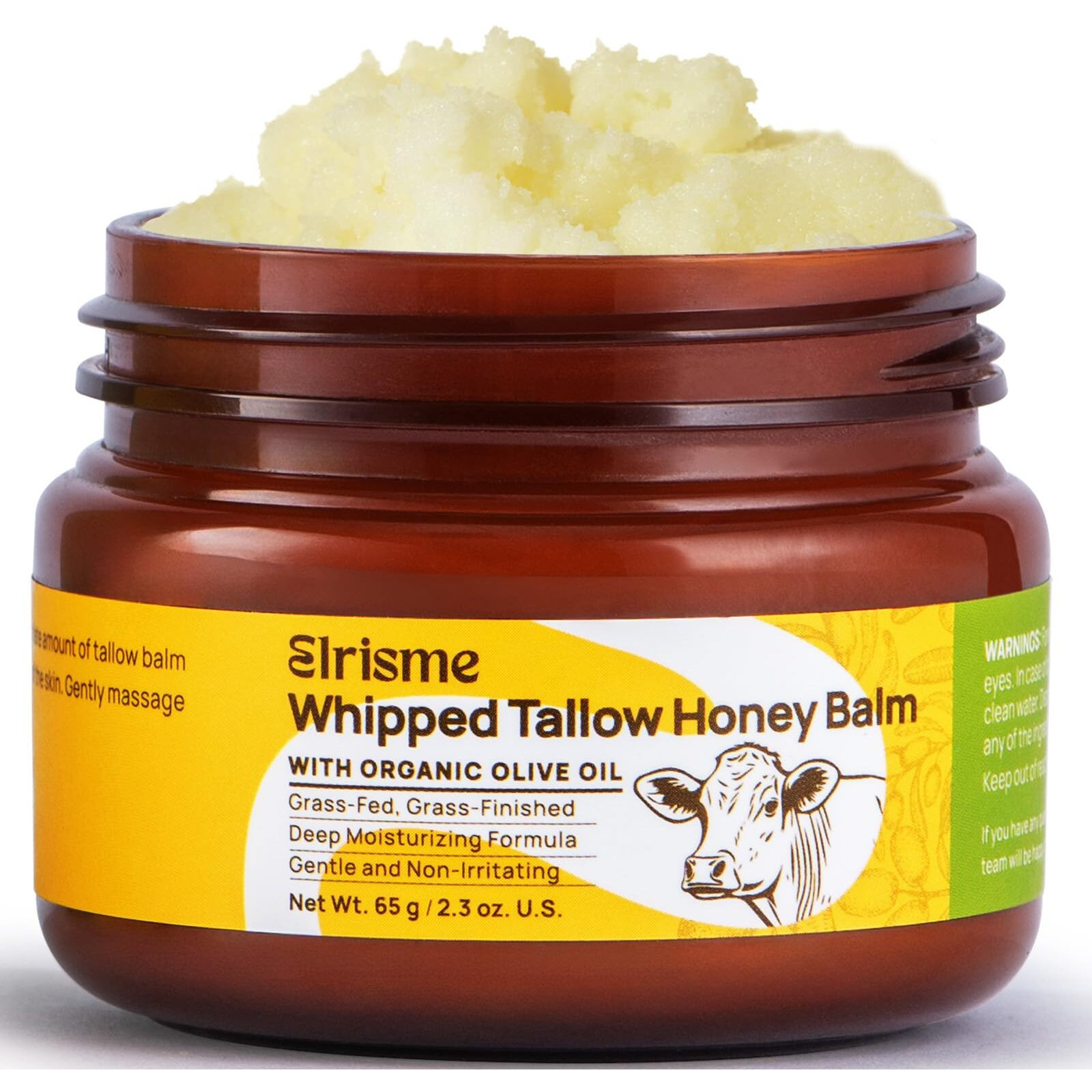 Elrisme Grass Fed Beef Tallow For Skin Organic Whipped Tallow And Honey Balm - Nourishing Body & Face Moisturizer - Deep Hydration, Eczema Psoriasis & Dermatitis, 2.3 Oz
