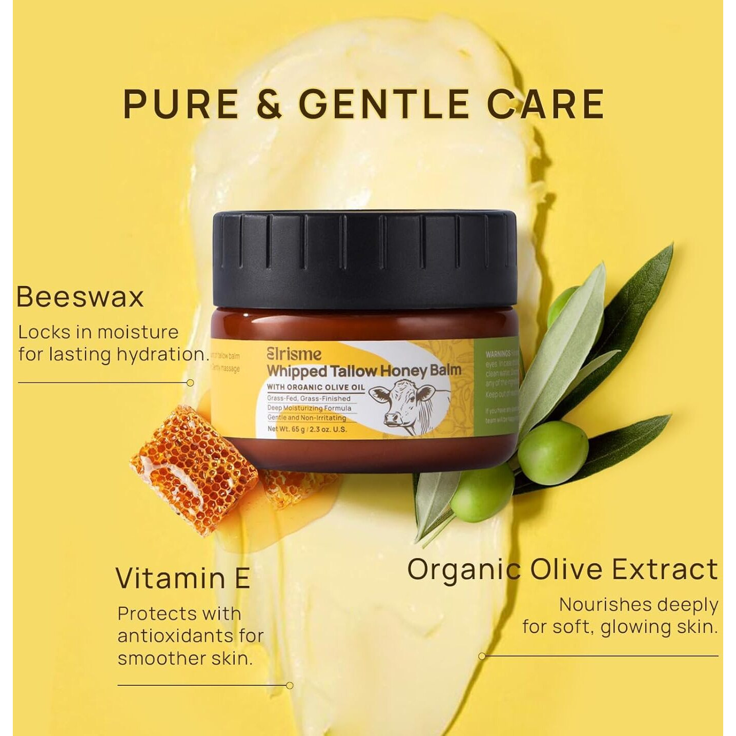 Elrisme Grass Fed Beef Tallow For Skin Organic Whipped Tallow And Honey Balm - Nourishing Body & Face Moisturizer - Deep Hydration, Eczema Psoriasis & Dermatitis, 2.3 Oz