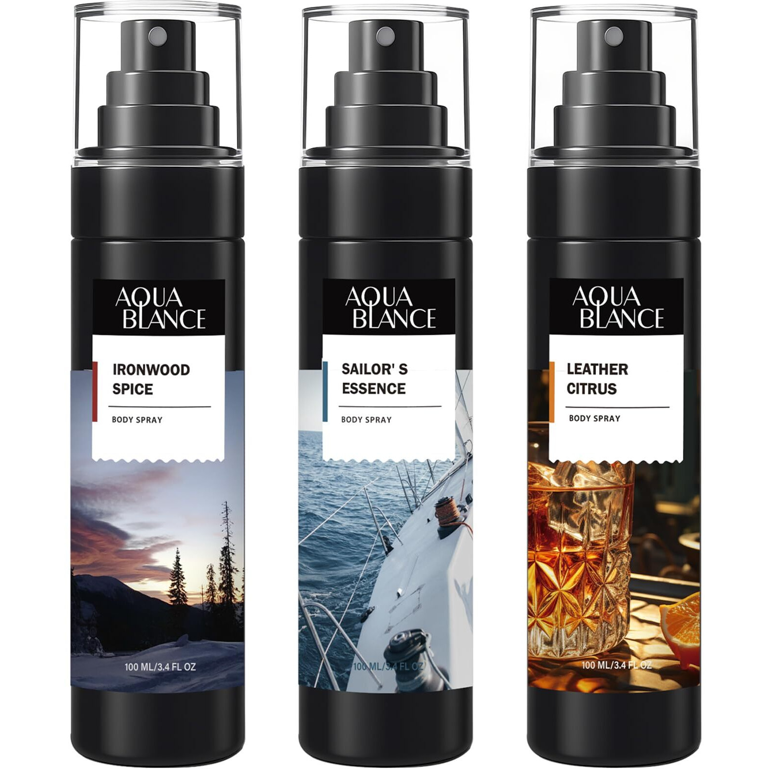 Aqua Blance Body Spray For Men, Mens Body Refreshing Spray, Long Lasting, Pack Of 3, Each 3.4 Fl Oz, Total 10.2 Fl Oz, Ironwood Spice, Sailor' S Essence, Leather Citrus