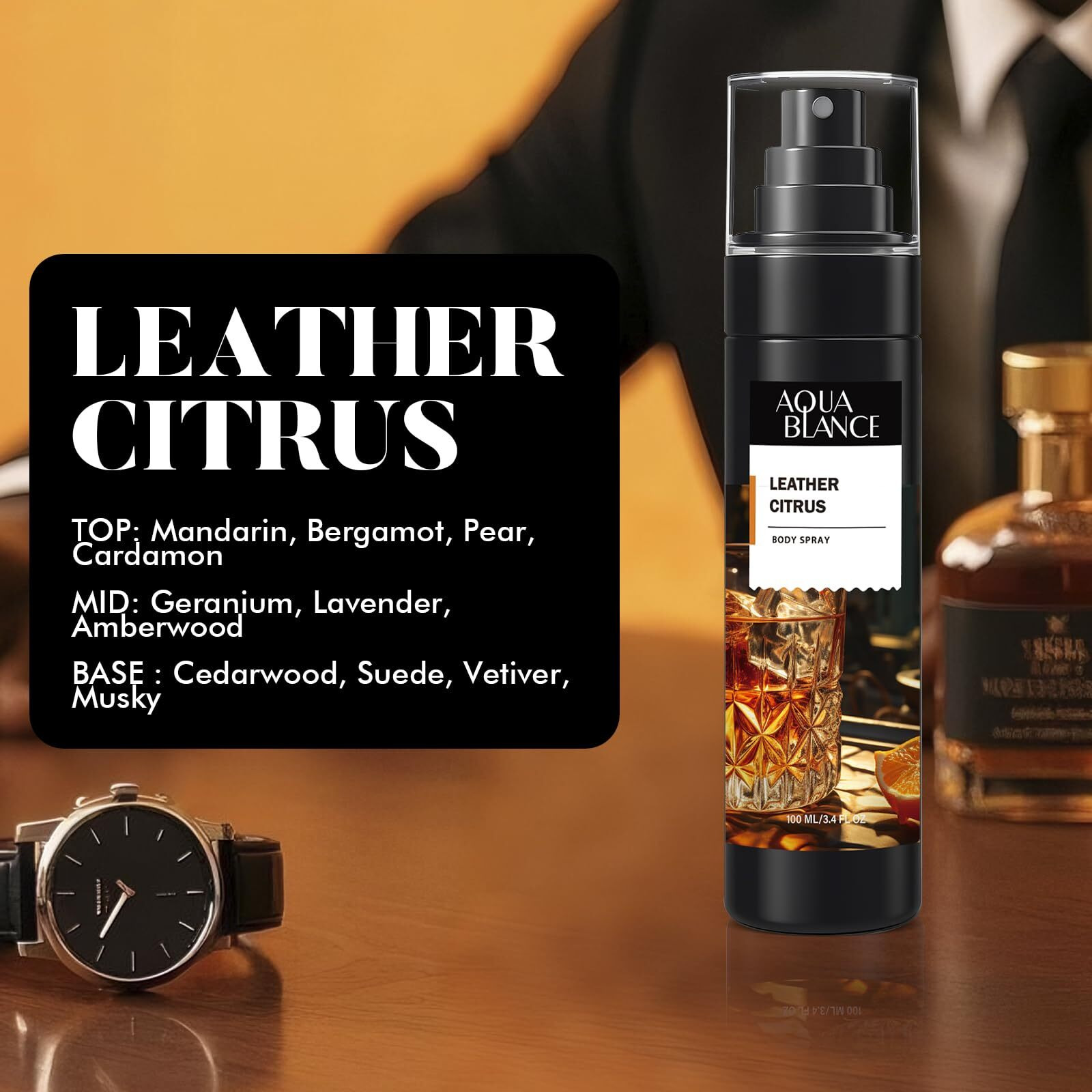 Aqua Blance Body Spray For Men, Mens Body Refreshing Spray, Long Lasting, Pack Of 3, Each 3.4 Fl Oz, Total 10.2 Fl Oz, Ironwood Spice, Sailor' S Essence, Leather Citrus