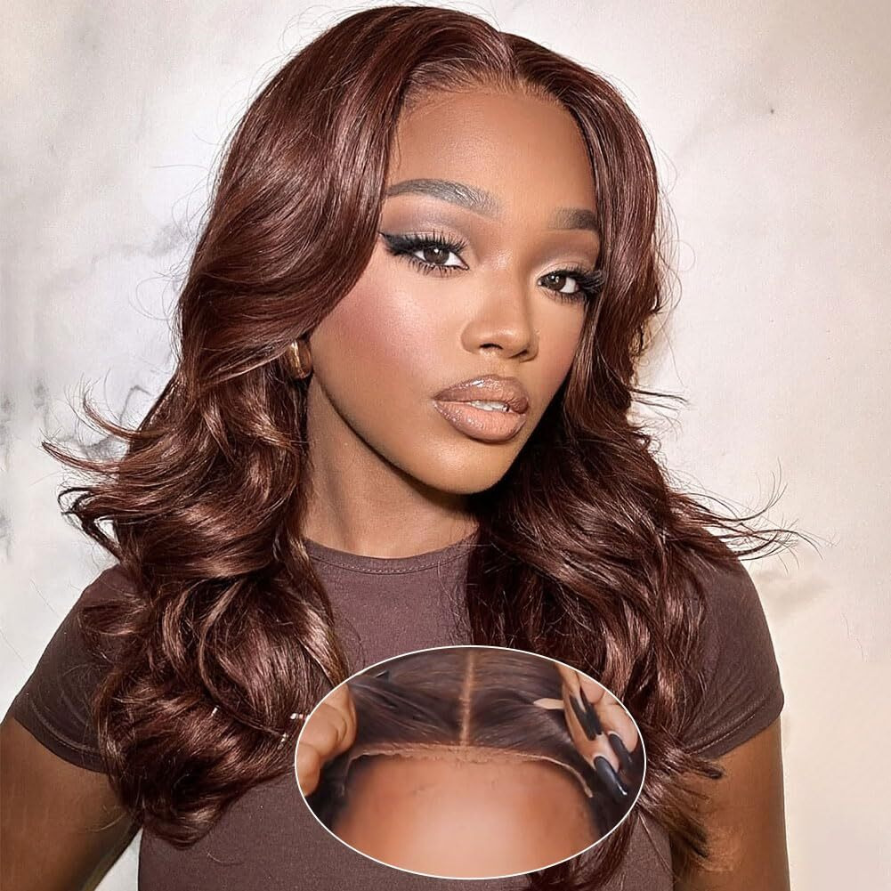 Omswet Chocolate Brown Body Wave Human Hair Wig Bob Wigs For Black Women Glueless Wear And Go Preplucked Prebleached Human Hair Wig 5X5 Hd Lace Closure Wigs 200 Density 18 Inch