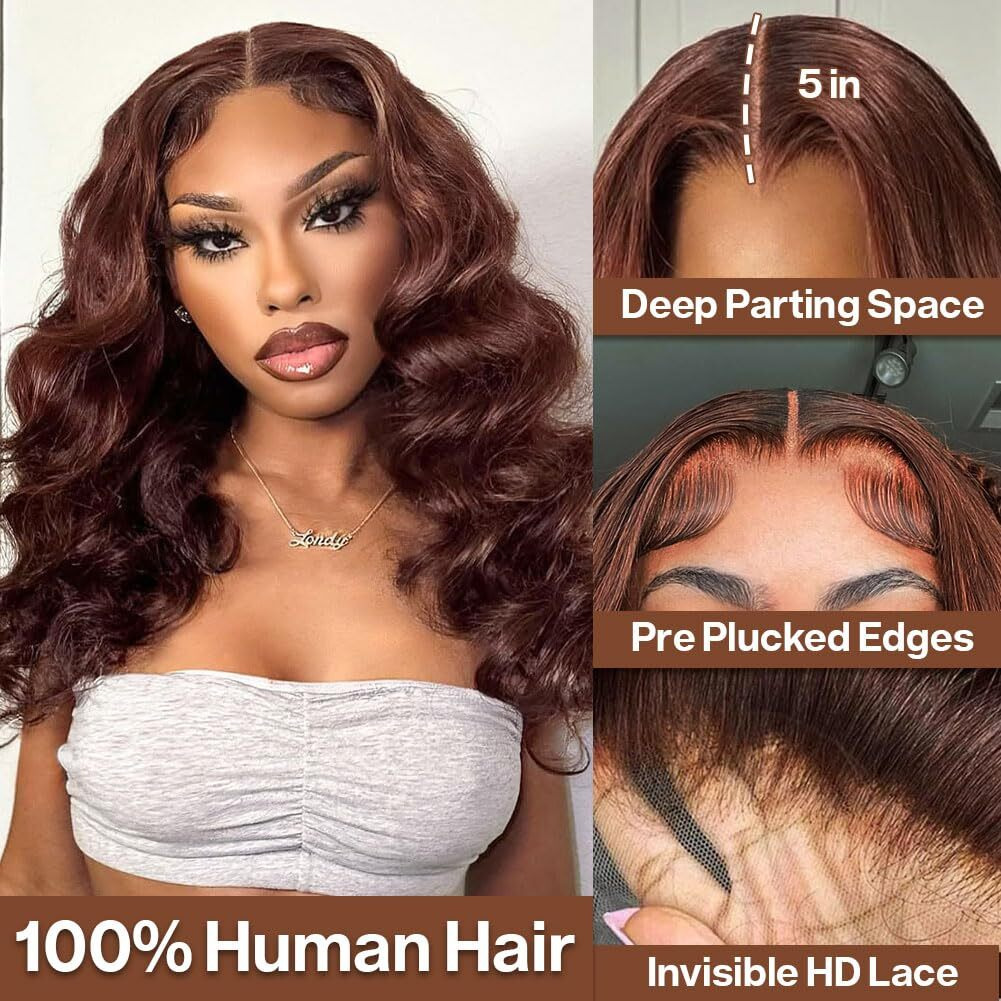 Omswet Chocolate Brown Body Wave Human Hair Wig Bob Wigs For Black Women Glueless Wear And Go Preplucked Prebleached Human Hair Wig 5X5 Hd Lace Closure Wigs 200 Density 18 Inch
