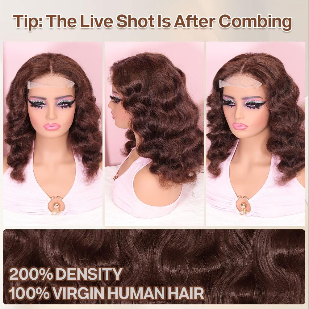 Omswet Chocolate Brown Body Wave Human Hair Wig Bob Wigs For Black Women Glueless Wear And Go Preplucked Prebleached Human Hair Wig 5X5 Hd Lace Closure Wigs 200 Density 18 Inch