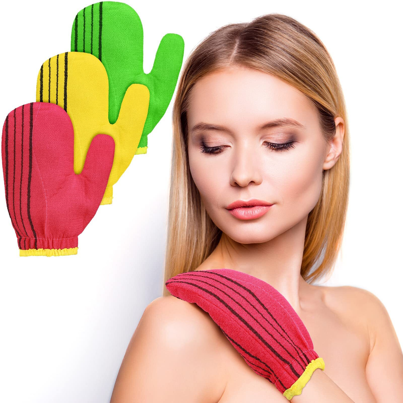 3 Pieces Korean Exfoliating Mitt Exfoliating Washcloth Korean Body Scrub Mitt Italy Face Shower Cloth Asian Bath Massage Mitts For Women And Men Wash Skin Deep Cleaning, Red, Green, Yellow