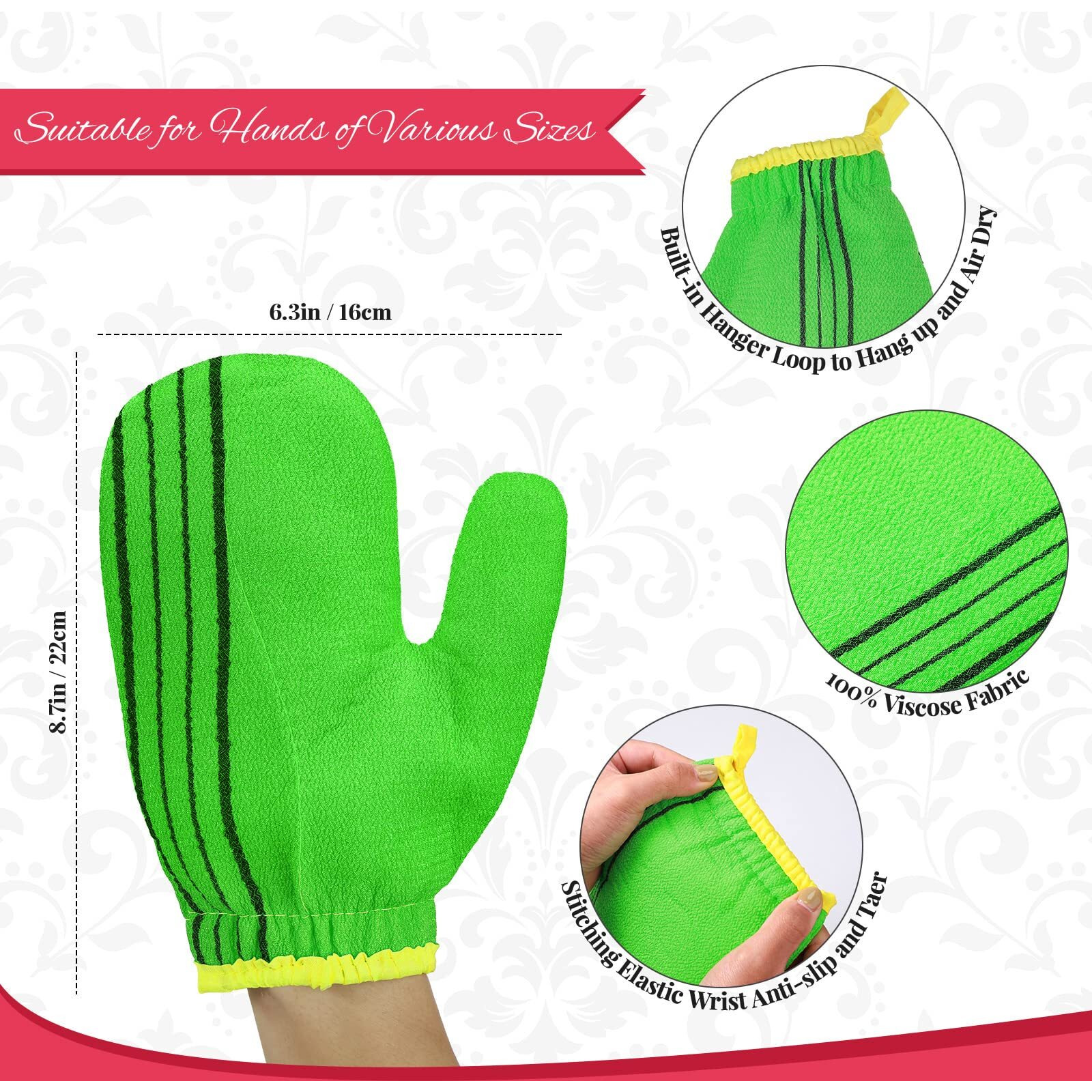 3 Pieces Korean Exfoliating Mitt Exfoliating Washcloth Korean Body Scrub Mitt Italy Face Shower Cloth Asian Bath Massage Mitts For Women And Men Wash Skin Deep Cleaning, Red, Green, Yellow