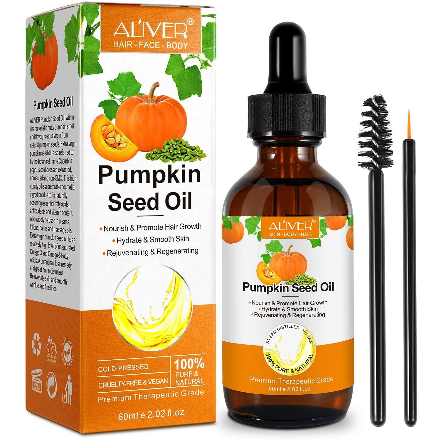 Nifeishi Organic Pumpkin Seed Oil For Hair Growth & Scalp Care - Cold Pressed, Pure & Natural Hair Serum To Strengthen, Repair Dry Damaged Hair, Moisturize Skin, Face & Body - 2.02 Fl Oz