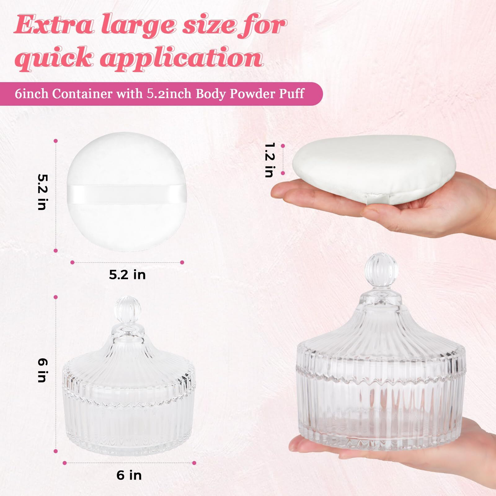 Yingman 2Pcs Extra Large Body Powder Puff & Luxury 6"" Glass Jar Dusting Powder Container With Puff For Women Bath Powder Puffs Perfect For Talcum Or Loose Powder (White)