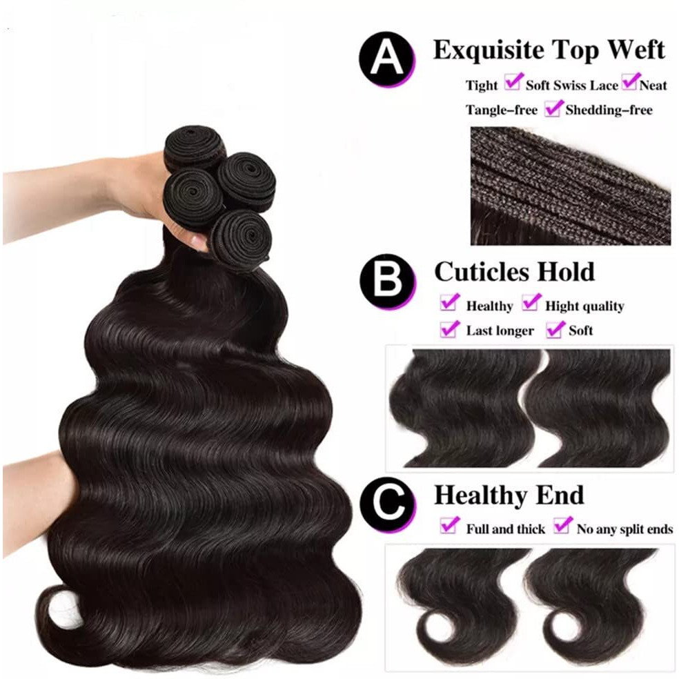 Yisea Human Hair Bundles Body Wave 4 Bundles 12A Brazilian Hair Bundles(16 14 12 10) Inch Body Wave Virgin Hair Natural Black Bundles Unprocessed Remy Human Hair Weaves Brazilian Hair Extensions