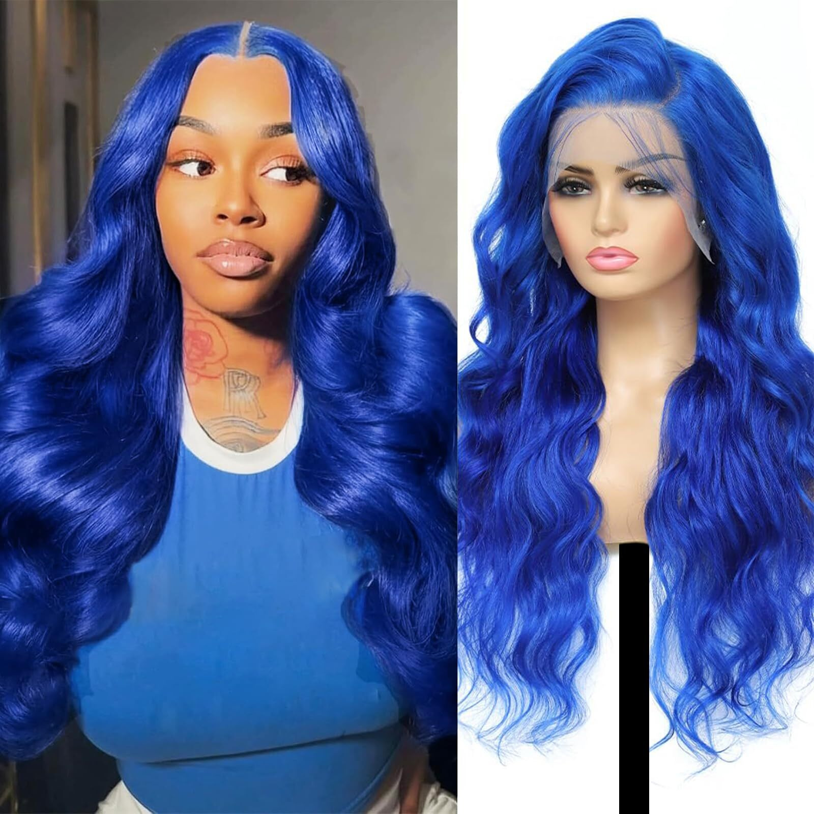 Shciyair 22 Inch Blue Lace Front Wig Human Hair 200 Density 13X4 Hd Lace Frontal Wigs Human Hair Color Blue Body Wave Lace Front Wigs Human Hair Pre Plucked With Baby Hair