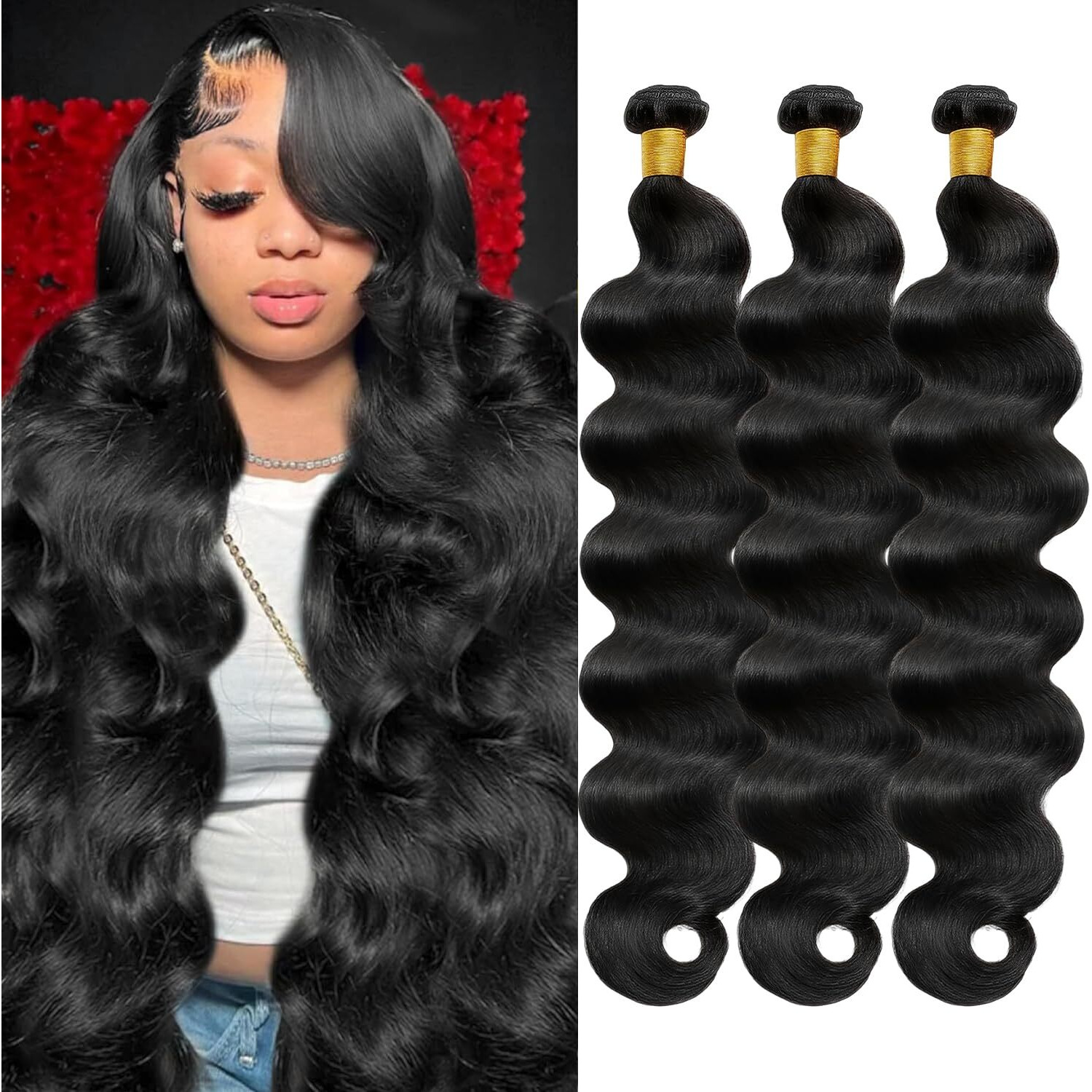 Gearina 12A Human Hair Bundles 24 26 28Inch Body Wave Human Hair 100% Unprocessed Brazilian Virgin Hair 3 Bundles Extensions Quick Weave Human Hair Extensions Wavy For Women Natural Black