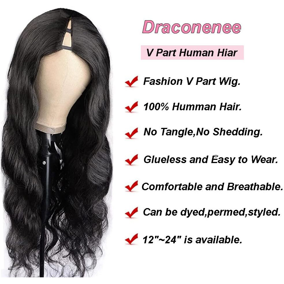 Draconenee V Part Wig Human Hair 14 Inch Upgrade U Part Wigs Body Wave For Black Women Beginner Friendly No Sew In And No Leave Out Glueless Brazilian Virgin Hair Natural Black Color 180% Density