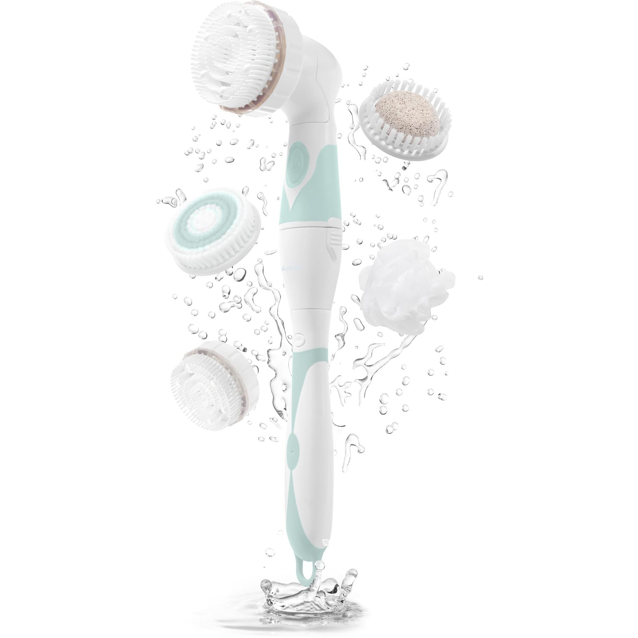 Brookstone Multi Face And Body Cleansing Brush Set | 4 Interchangeable Brush Heads | Rotating Technology For Deep Cleansing | Waterproof Design | White/Mint