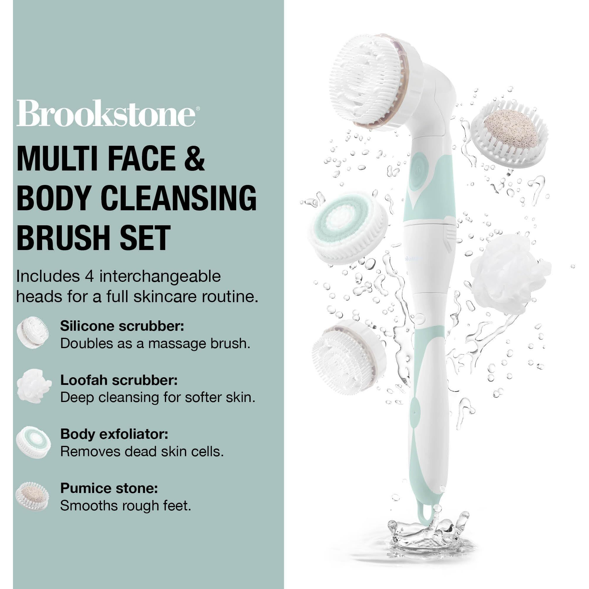 Brookstone Multi Face And Body Cleansing Brush Set | 4 Interchangeable Brush Heads | Rotating Technology For Deep Cleansing | Waterproof Design | White/Mint