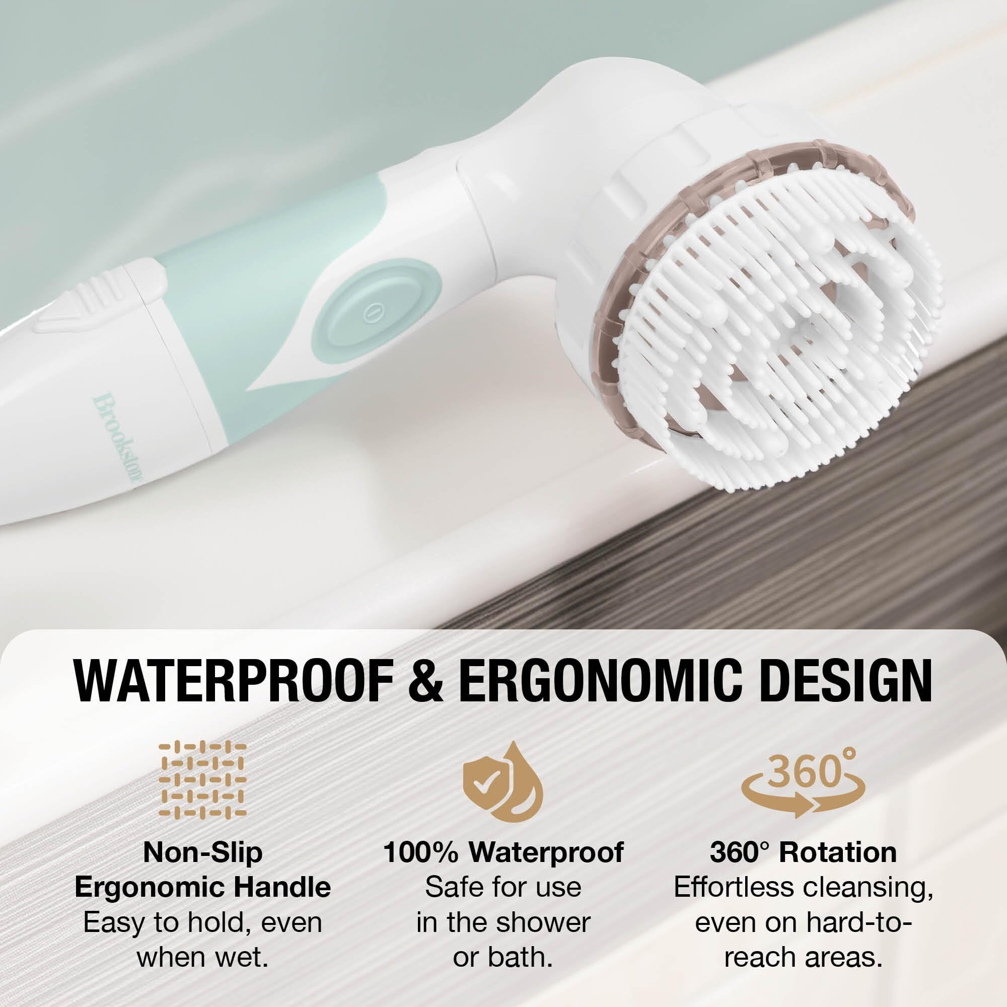 Brookstone Multi Face And Body Cleansing Brush Set | 4 Interchangeable Brush Heads | Rotating Technology For Deep Cleansing | Waterproof Design | White/Mint