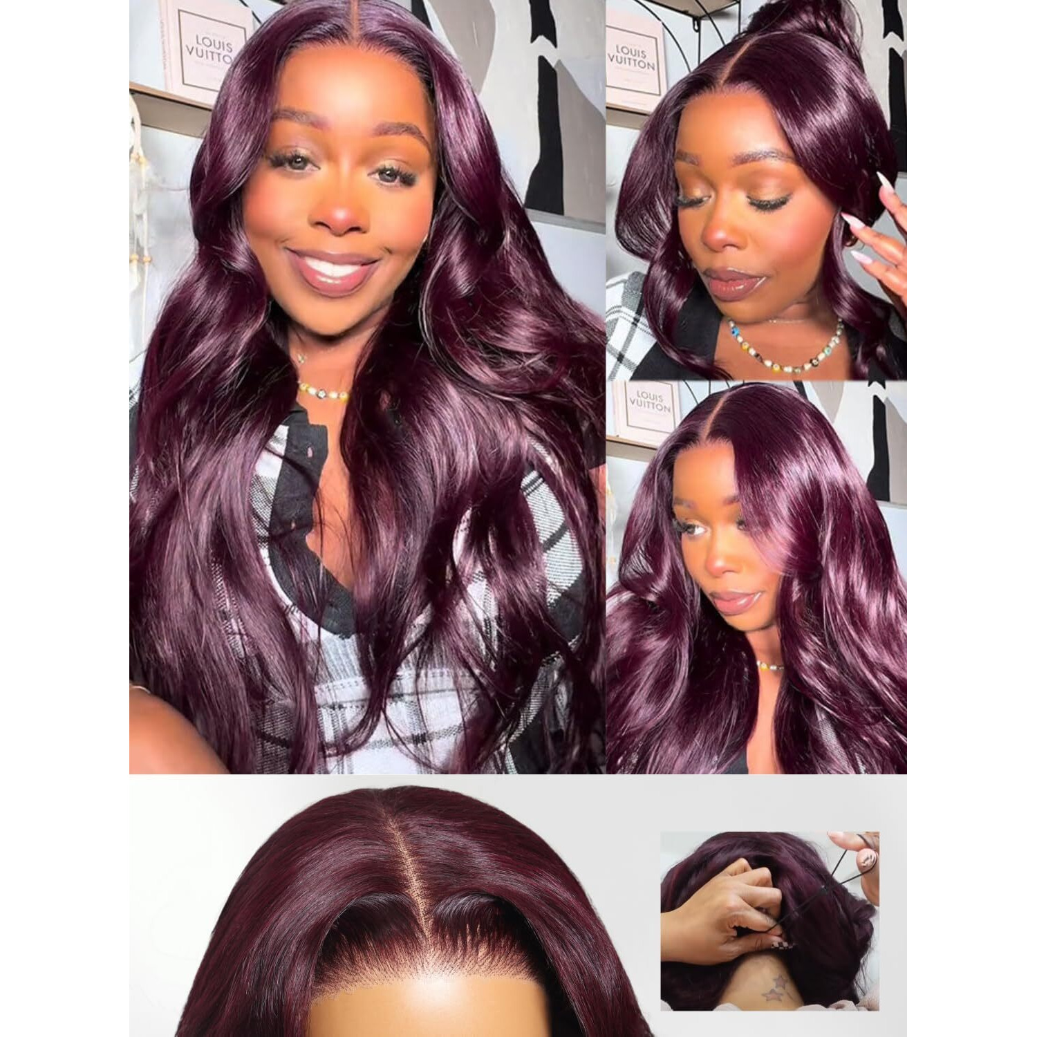 Nadula Bye Bye Knots Glueless Black Cherry Loose Body Wave Drawstring Wigs Human Hair With With Face Framing Bangs, Pre Cut 7X5 Hd Lace Front Wigs Pre Plucked Ready To Wear Wig 180% Density 16Inch