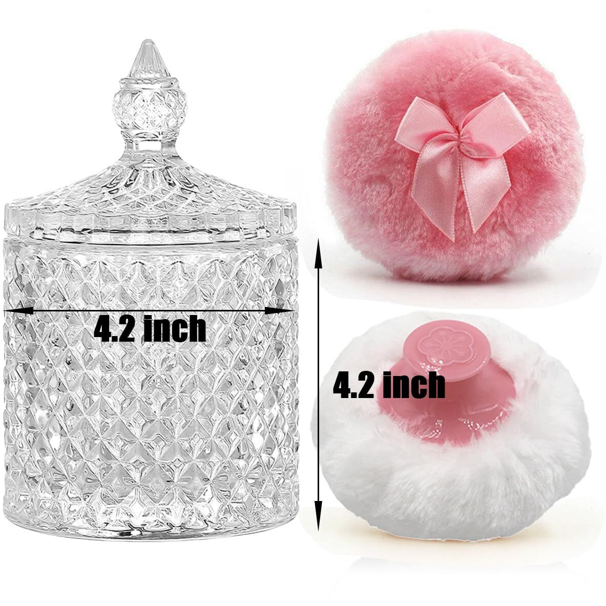 Luxury 4.2 Inch Glass Powder Container With 2 Plush Puffs|Non-Sealed Refillable Organizer For Body Powder&Makeup|Setting Powder Applicator W/Loose Powder Storage(Pointed Cylinder-Clear-Large)