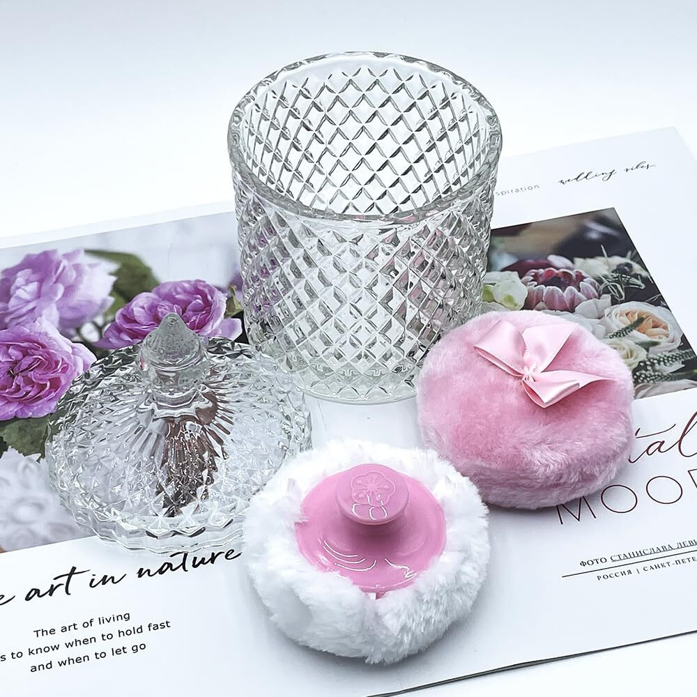 Luxury 4.2 Inch Glass Powder Container With 2 Plush Puffs|Non-Sealed Refillable Organizer For Body Powder&Makeup|Setting Powder Applicator W/Loose Powder Storage(Pointed Cylinder-Clear-Large)