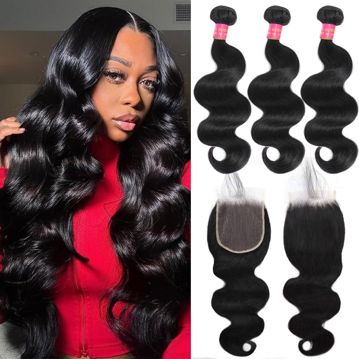 12A Human Hair Bundles With Closure Body Wave 22 24 26+20 Inch 5X5 Hd Frontal Body Wave Bundles Human Hair Real 100% Raw Unprocessed Brazilian Virgin Sew In Quick Weave Natural Black Deals