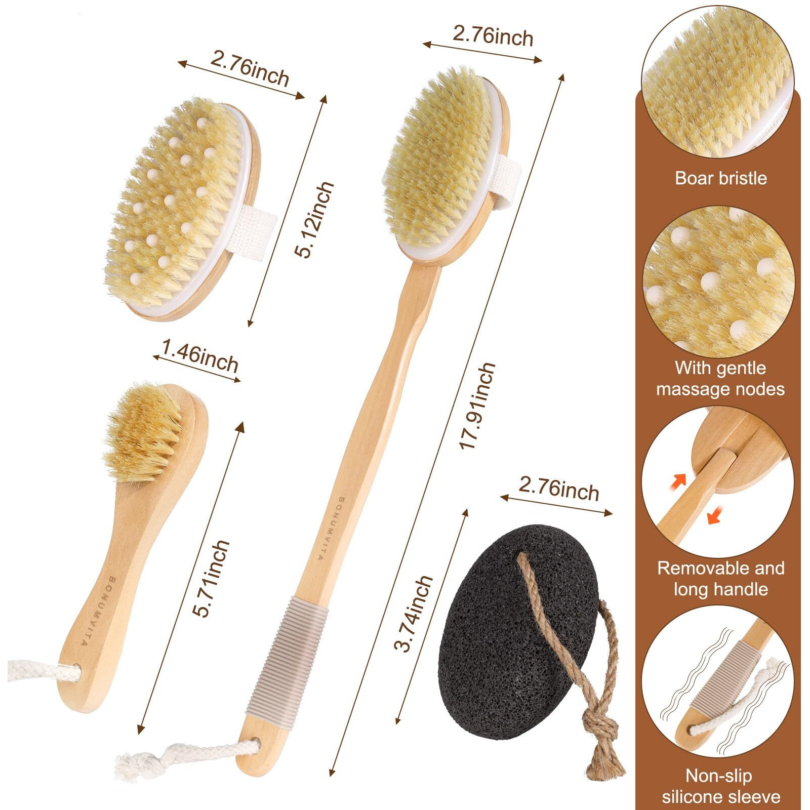 Bonumvita Dry Brushing Body Brush Set- Wooden Long Handle Body Brush Set With Pumice Stone & Face Brush, Boar Bristle Body Bath Scrubber Brush For Lymphatic Drainage & Cellulite, Detachable