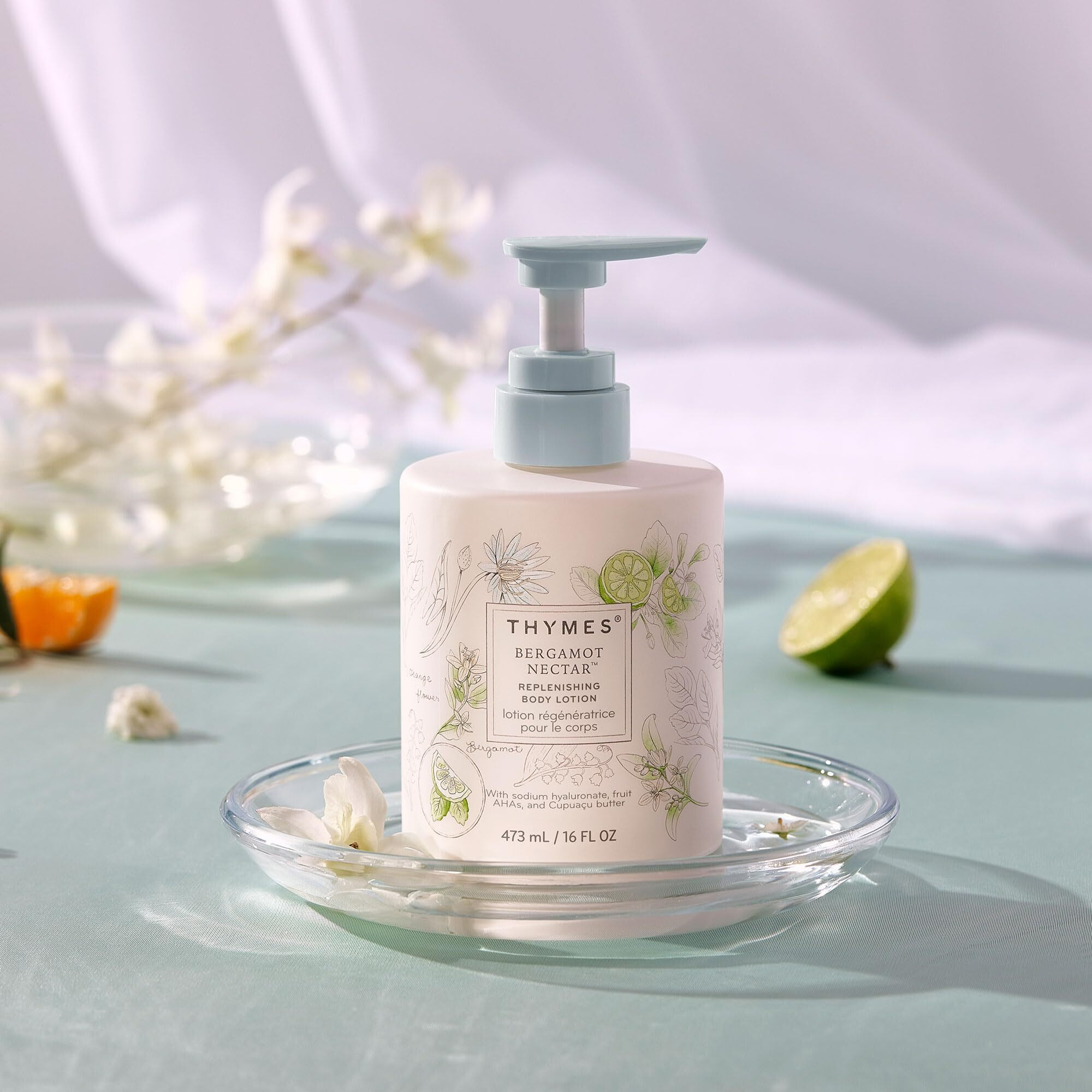 Thymes Large Replenishing Body Lotion - Moisturizing Body Lotion For Dry Skin - Scented With Notes Of Bergamot, Lemon, Orange Flower, Lotus & Sandalwood (Bergamot Nectar, 16 Fl Oz)