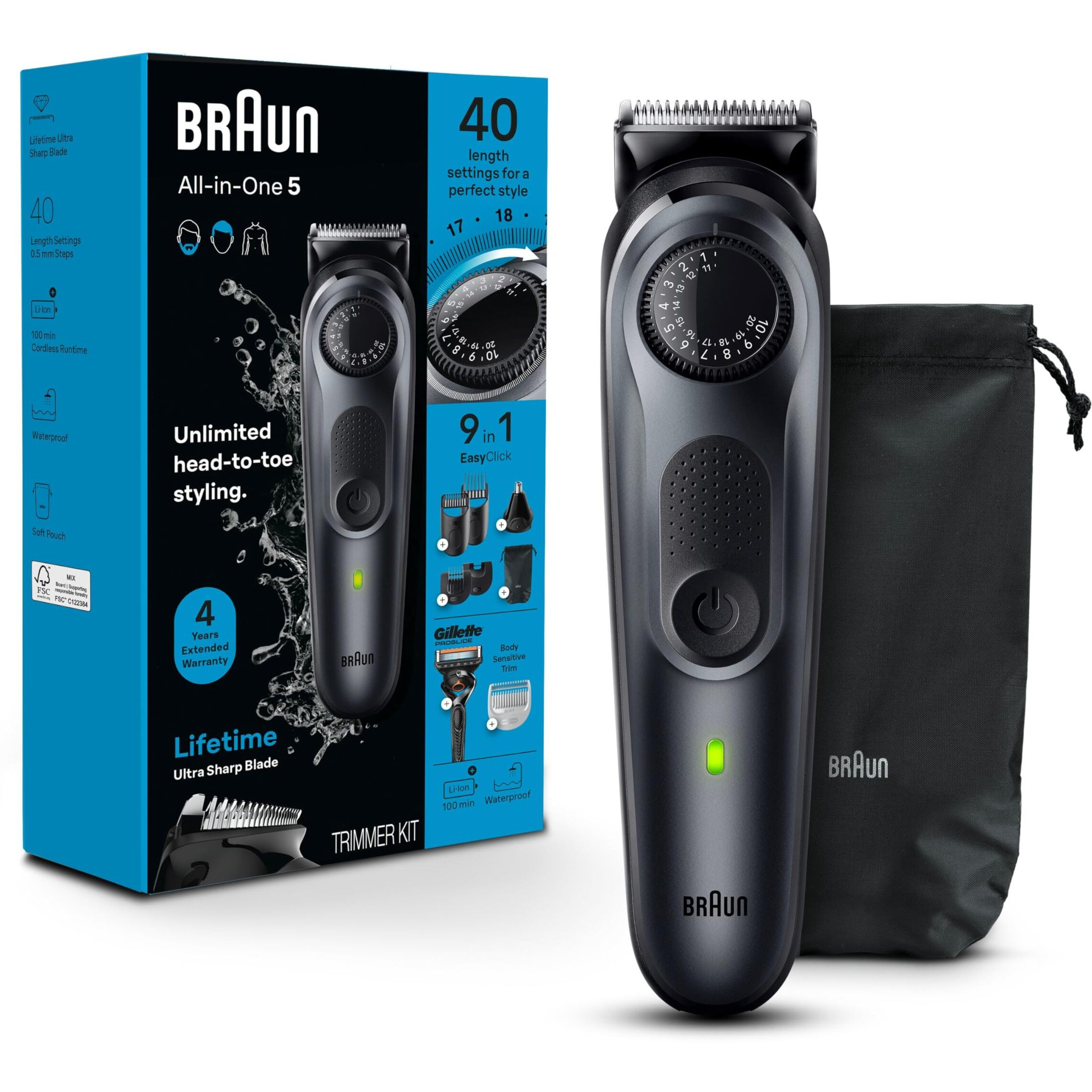 Braun All-In-One Style Kit Series 5 5470, 9-In-1 Trimmer For Men W/Beard Trimmer, Body Trimmer For Manscaping, Gillette Fusion5 Proglide Razor, 40 Length Settings, Rechargeable Battery, Cordless