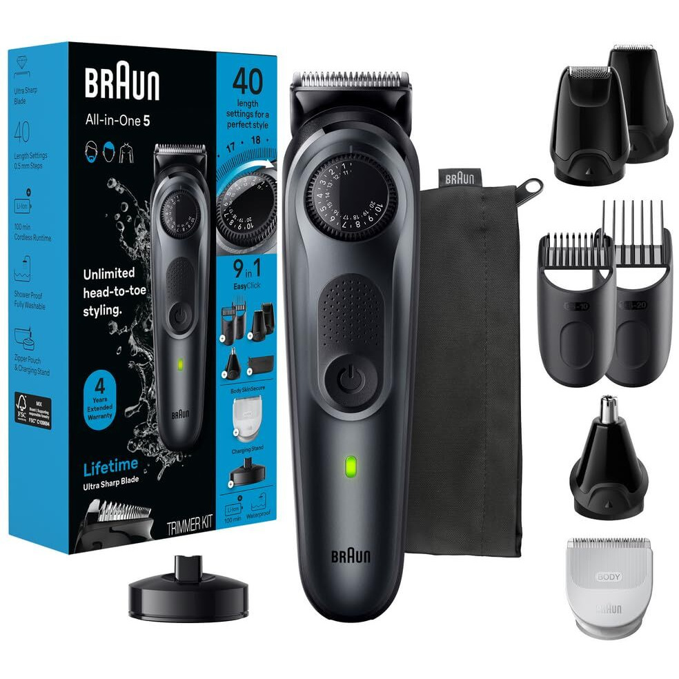 Braun All-In-One Style Kit Series 5 5490, 9-In-1 Trimmer For Men With Beard Trimmer, Body Trimmer For Manscaping, Hair Clippers & More, Ultra-Sharp Blade, 40 Length Settings, Waterproof