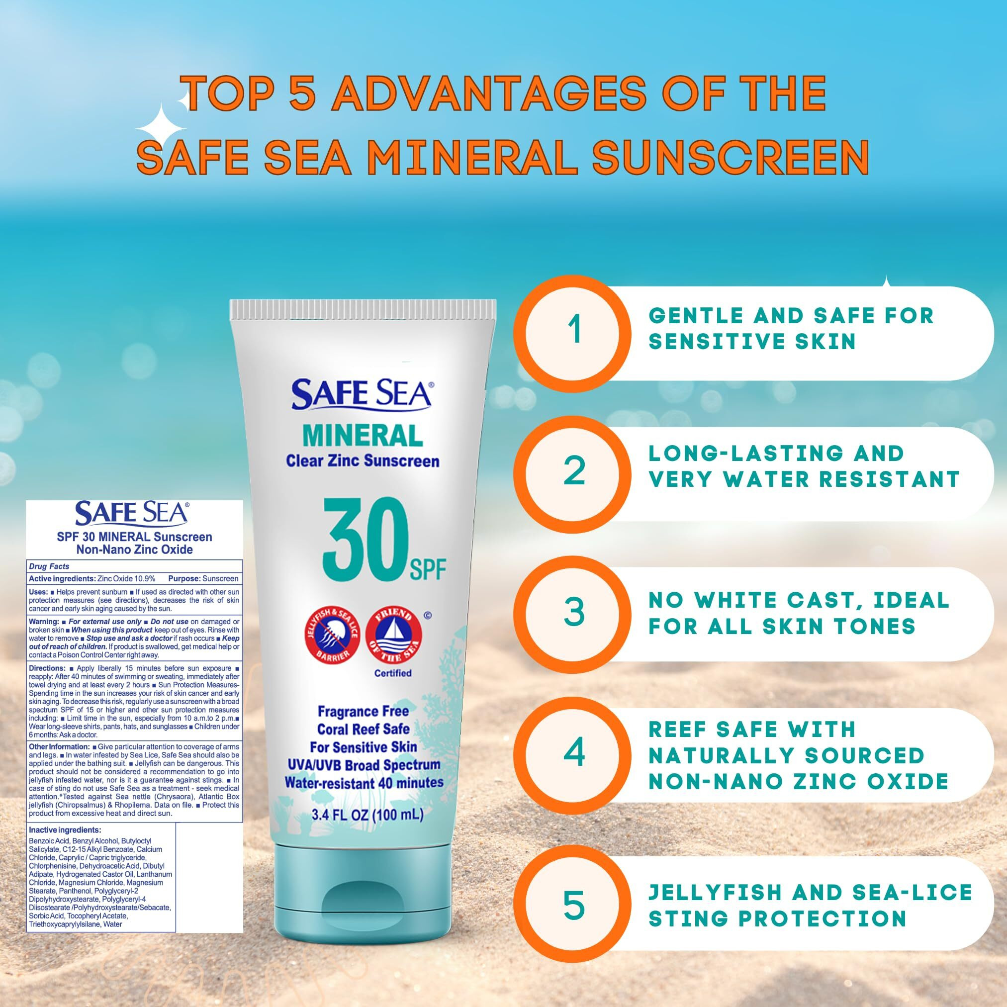 Safe Sea Zinc Oxide Sunscreen Spf30 | Clear Mineral Face And Body Sunscreen Without White Cast | Anti-Jellyfish Sting Protective Lotion | 3.4Oz (100Ml) (1 Pack)
