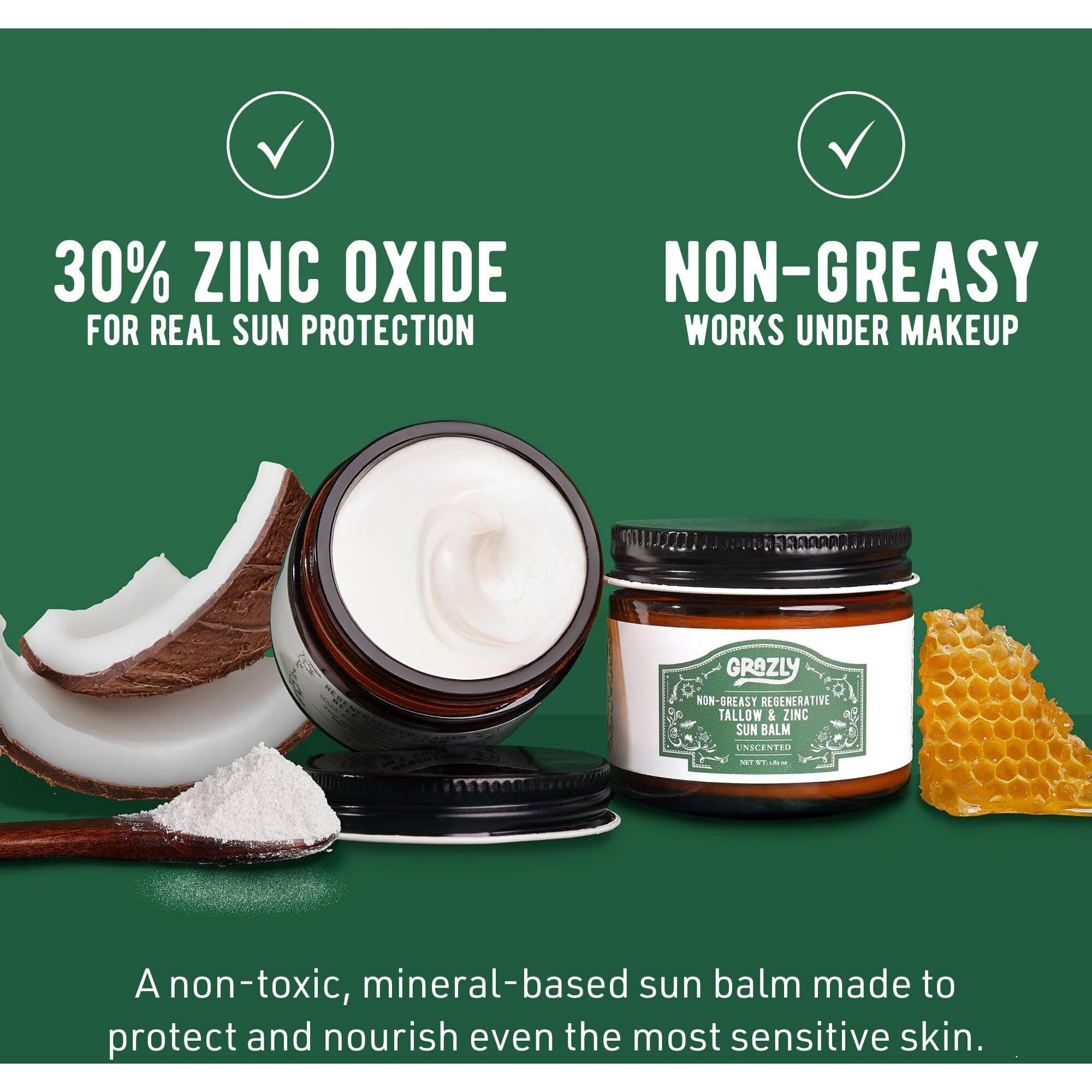 Grazly Beef Tallow Sunscreen Spf 35 - Unscented Water Resistant Zinc Sun Balm, Non-Greasy Natural Sunscreen For Face & Body - 4 Natural Ingredients Non-Nano Zinc, Organic Coconut Oil, Beeswax- 1.8 Oz