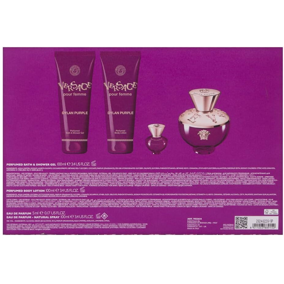 Versace Dylan Purple For Women 4 Piece Set Includes 3.4 Oz Eau De Parfum Spray + 3.4 Oz Perfumed Bath Shower Gel + 3.4 Oz Perfumed Body Lotion + 0.17 Oz Eau De Parfum