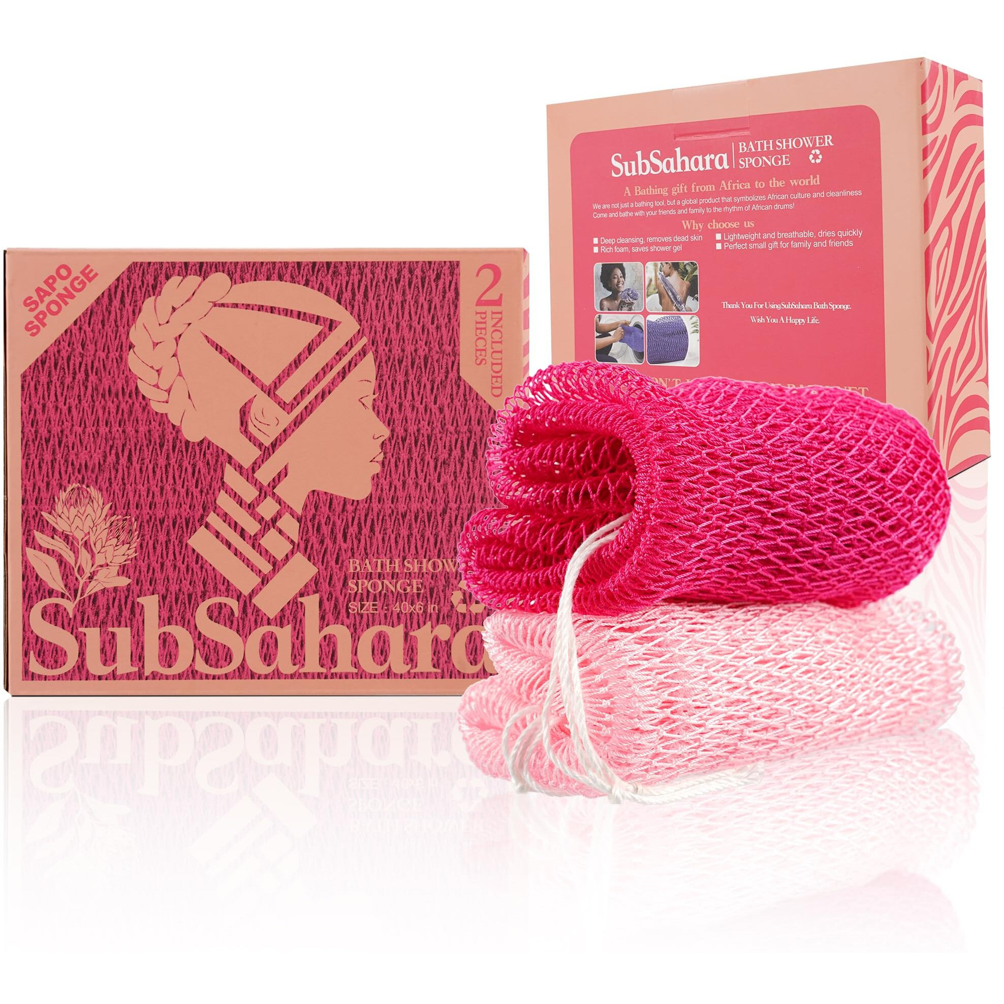 Subsahara Authentic African Net Sponge - 2 Pieces Exfoliating Scrubber For All Skin Types, Bath Sponge For Face & Body, Travel Portable, Durable, Gentle Exfoliation (Dark Pink & Light Pink)