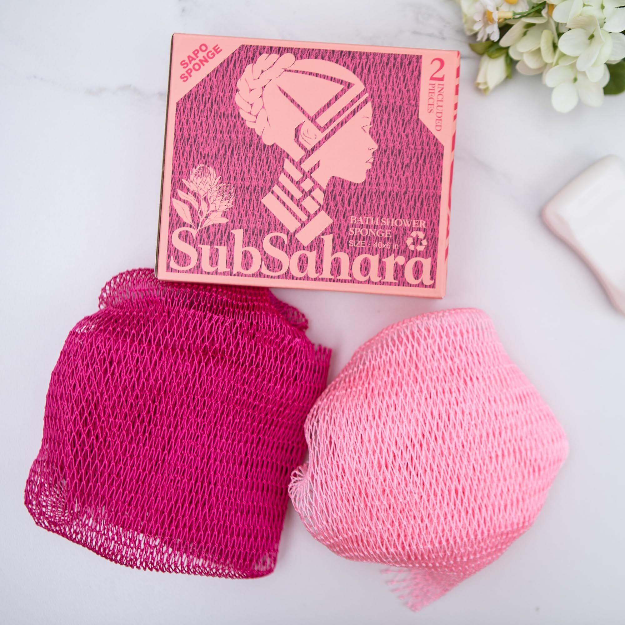 Subsahara Authentic African Net Sponge - 2 Pieces Exfoliating Scrubber For All Skin Types, Bath Sponge For Face & Body, Travel Portable, Durable, Gentle Exfoliation (Dark Pink & Light Pink)