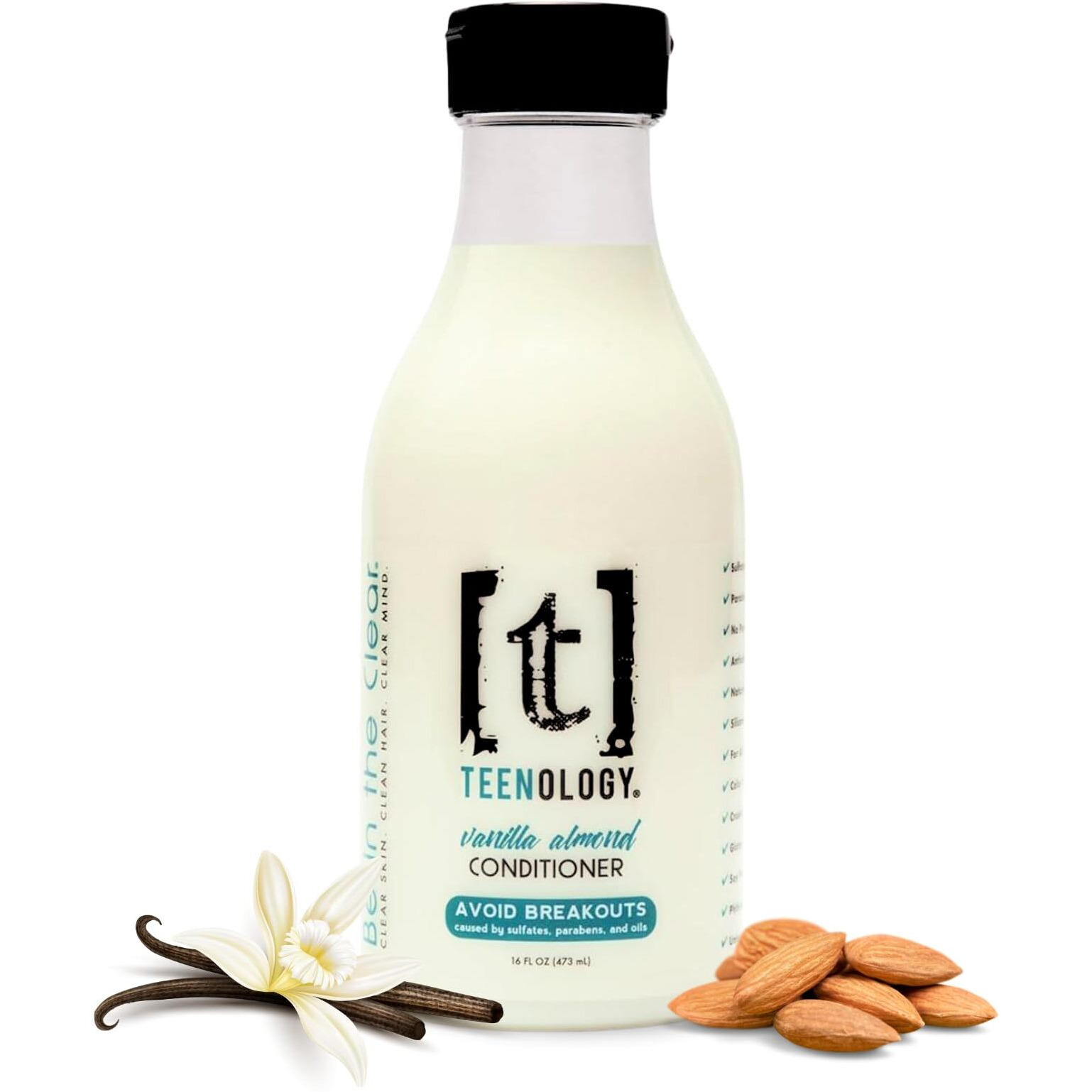 Teenology Conditioner For Teens - Avoid Forehead And Body Acne - Sulfate And Paraben Free, Noncomedogenic, Natural Botanical Extracts, Vanilla Almond - 16 Oz.