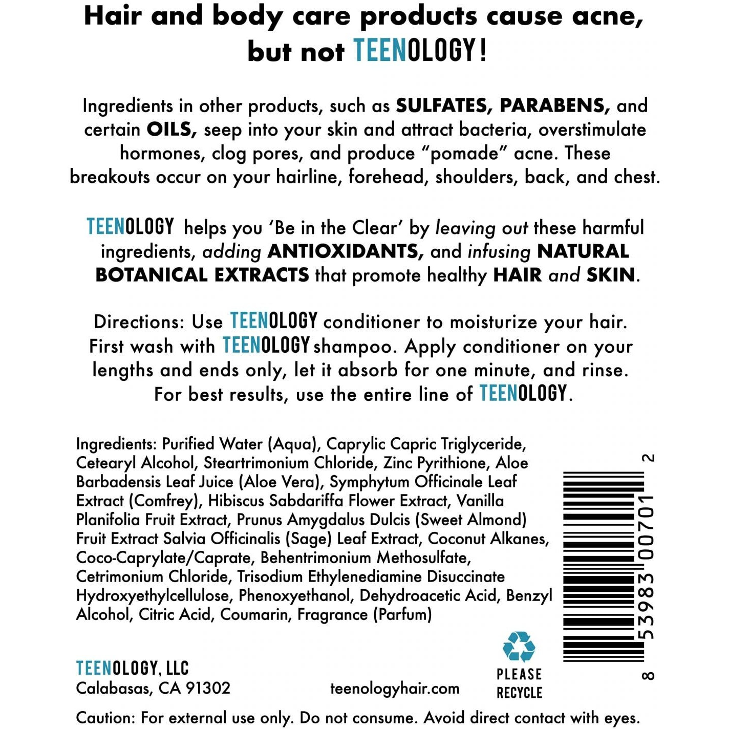 Teenology Conditioner For Teens - Avoid Forehead And Body Acne - Sulfate And Paraben Free, Noncomedogenic, Natural Botanical Extracts, Vanilla Almond - 16 Oz.