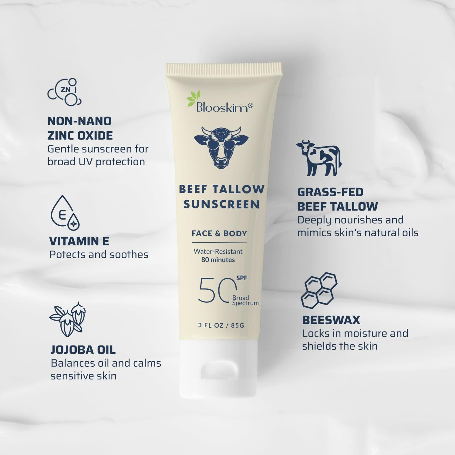 Beef Tallow Sunscreen Spf 50 Natural Tallow & Zinc Oxide Sunblock Cream For Face & Body - Sun Protection With Non Greasy Formula For Women And Men - Water-Resistant 3 Oz (85 G)