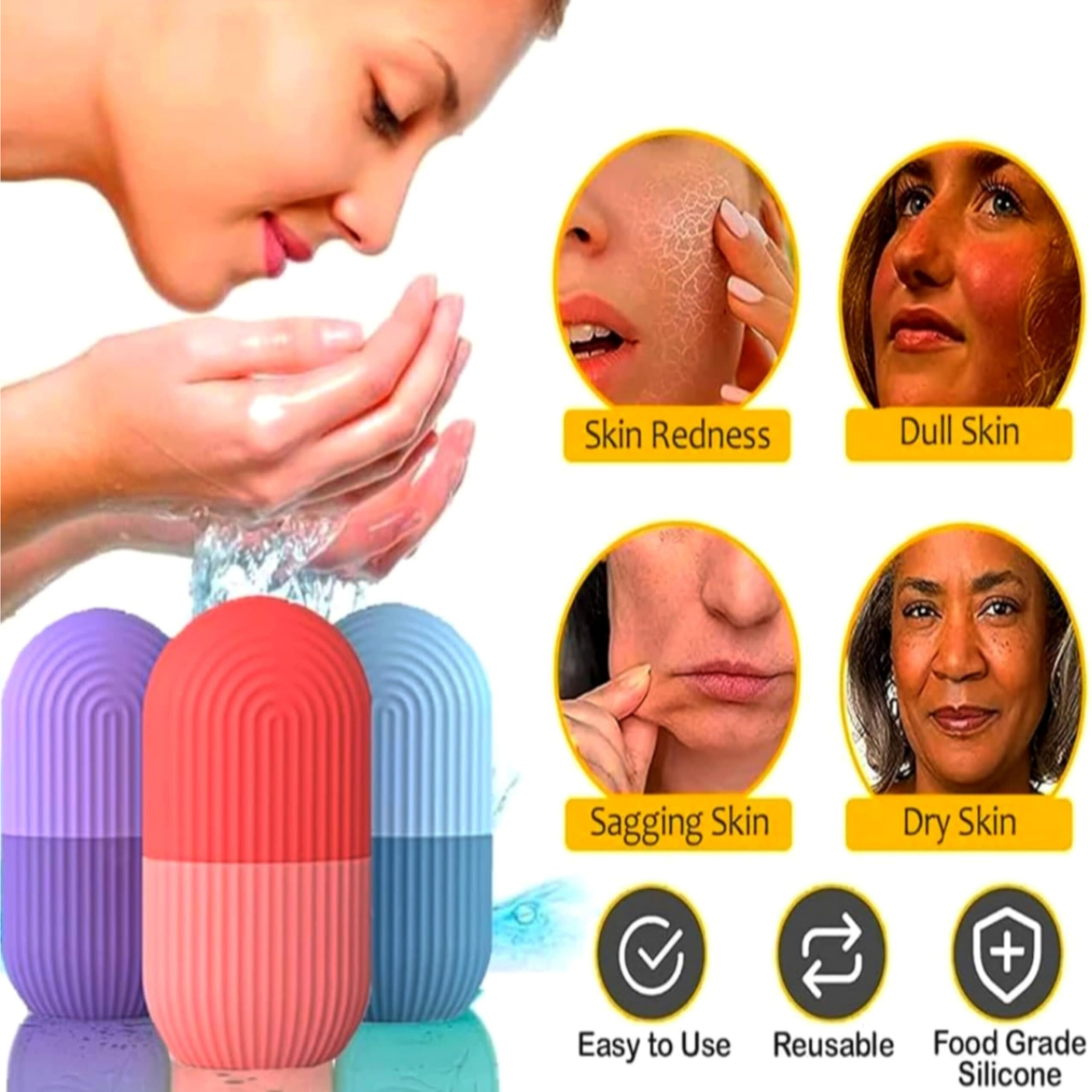 Pack Of 3- Ice Roller For Face, Eyes, Body Massage. Natural Cold Therapy To Eliminate Puffiness, Dark Circles, Wrinkle. Promotes Blood Circulation For Glowing, Soft, Tight Skin (Pink, Purple & Blue)