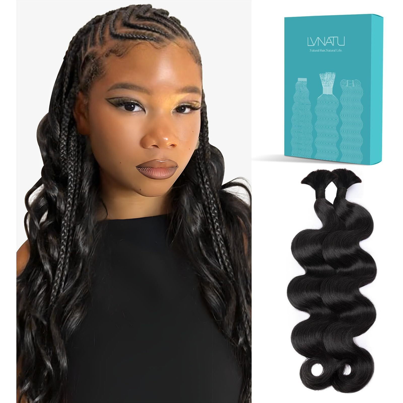 Lvnatu Body Wave Braiding Hair Human For Boho Braids Bohemian Knotless Easy To Work With At Salon/Home Wavy Bulk 2 Bundles 100G 22 Inch Jet Black For Stylists/Hairdresser