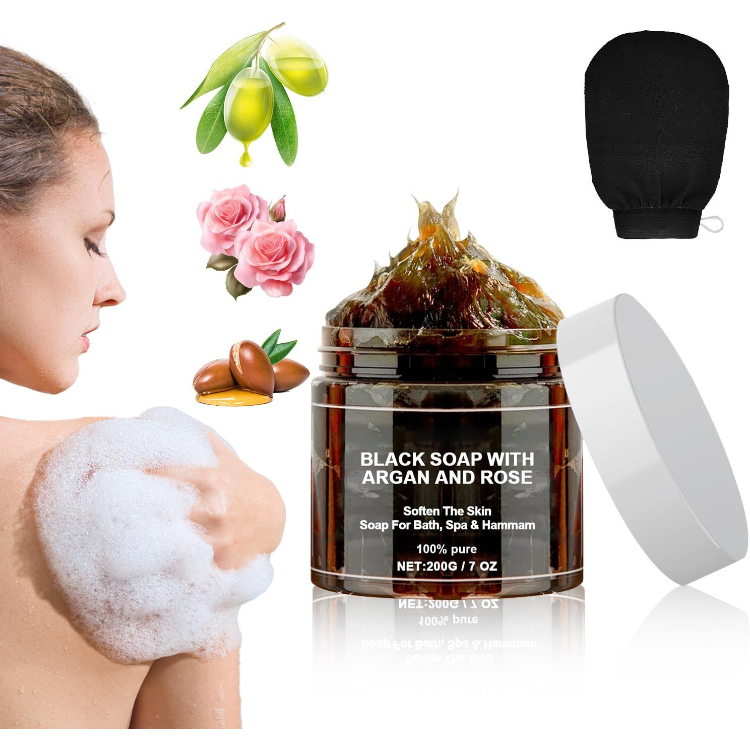 Morocco Black Soap With Argan And Rose, Zawina Morocco Black Beldi Soaps, Blacks Soap Bar Exfoliating Soaps, Zawina Moroccan Blacksoap Hammam, Moroccos Body Scrub With Exfoliating Glove (1)