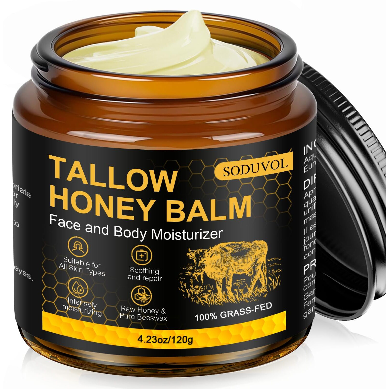 Liventhrall Organic Beef Tallow Honey Balm For Skin, Body & Face Moisturizer, Whipped Grass Fed Cow Tallow Cream With Raw Honey, All Natural Pure Body Lotion For Soft Smooth Skin, Unscented 4.2 Oz