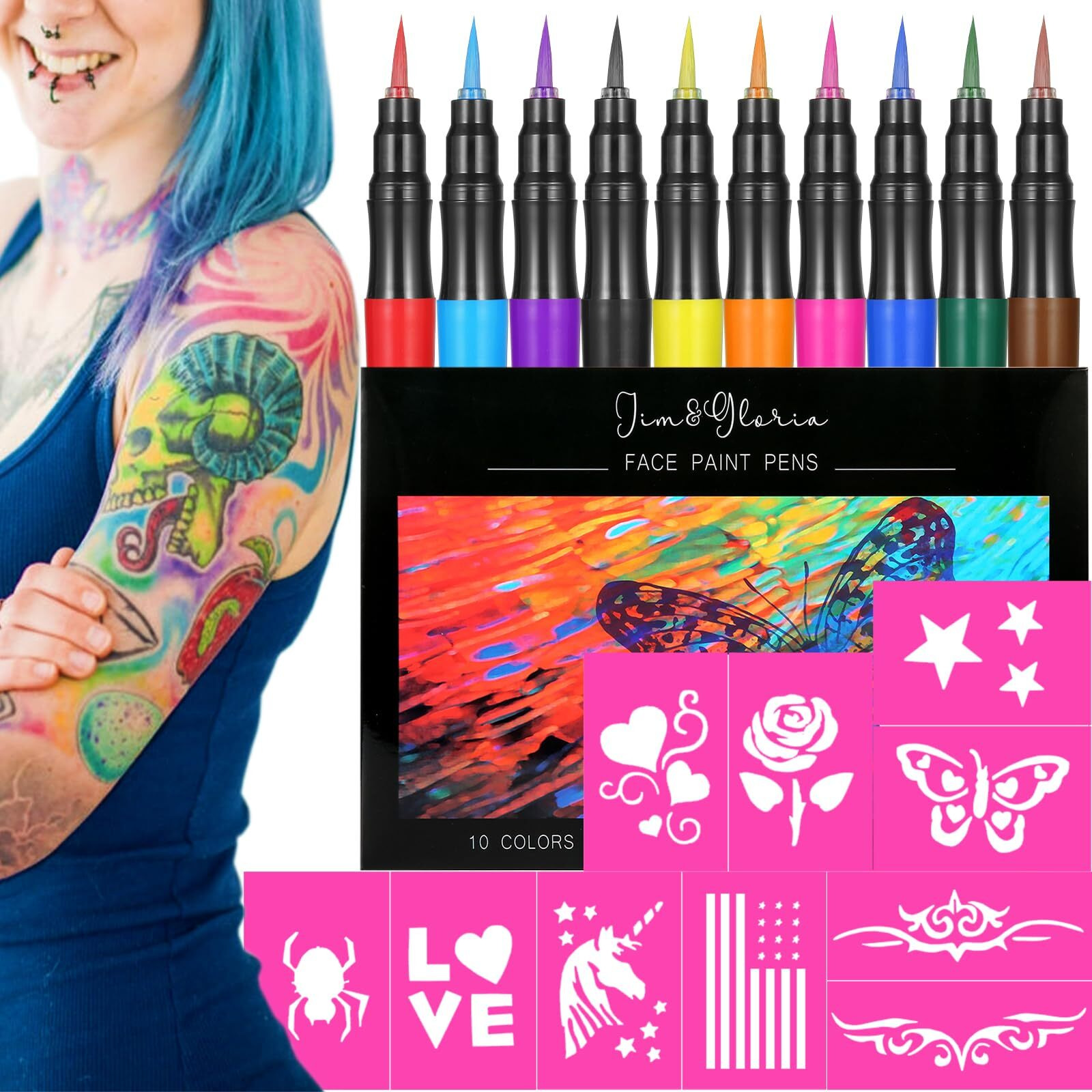 Jim&Gloria Temporary Tattoo Markers For Skin Fake Tattoo Pens Washable Pride Face Painting Kit Body Paint Stencils Boy Teen Girl Gifts Trendy Stuff Tweens Teenage 4Th Fourth Of July Craft Kids Adults