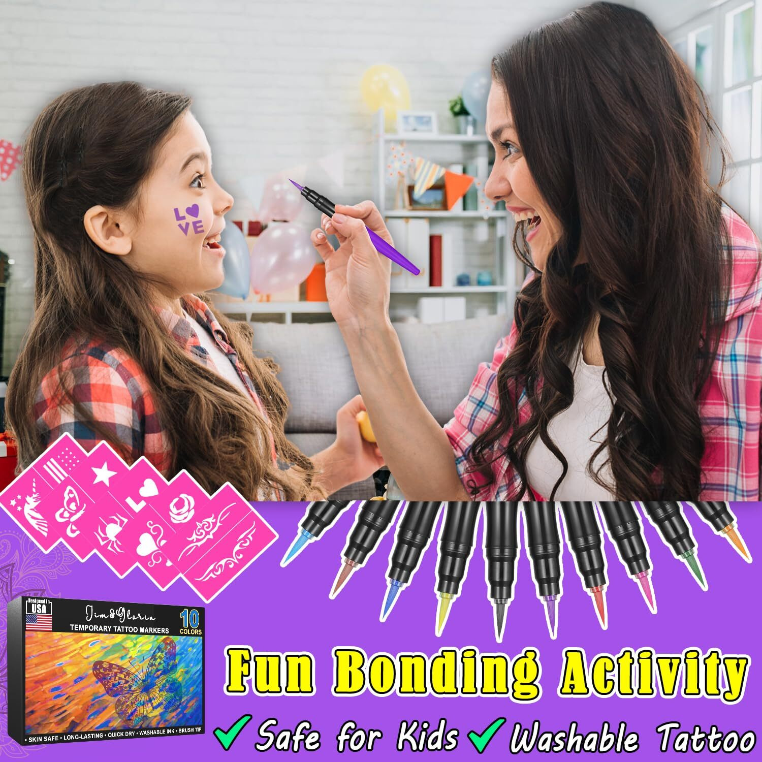 Jim&Gloria Temporary Tattoo Markers For Skin Fake Tattoo Pens Washable Pride Face Painting Kit Body Paint Stencils Boy Teen Girl Gifts Trendy Stuff Tweens Teenage 4Th Fourth Of July Craft Kids Adults