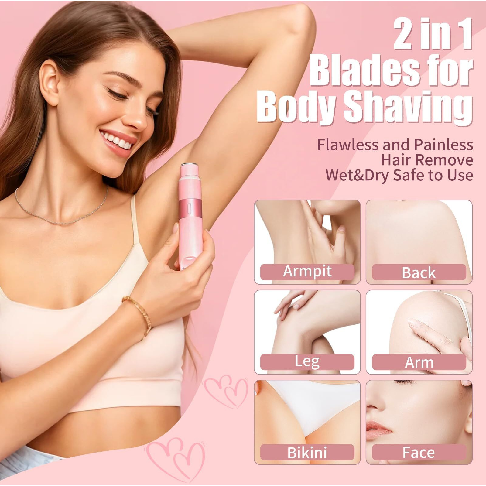 Evanulle Bikini Trimmer For Women - 2 In 1 Painless Electric Razors For Women, Ipx7 Waterproof Rechargeable Led Dual Head Electric Shaver For Lady Bikini Underarm, Body, Leg, Face Hair Remove - Pink