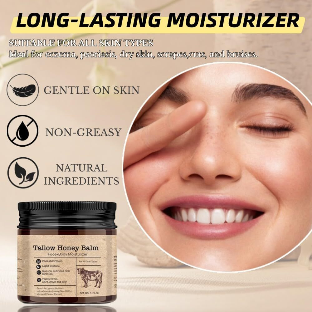 Gahqb Beef Tallow Honey Balm For Skin  Grass-Fed Beef Tallow Moisturizer For Face And Body, Tallow Cream With Manuka Honey Beeswax Olive Oil, 4 Oz