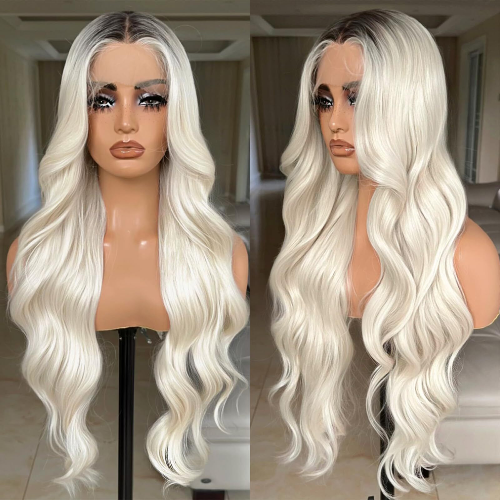X-Tress 30 Inch Blonde Lace Front Wigs With Body Wave, Pre Plucked, Synthetic Lace Frontal Wig With Dark Roots, 13X4X1 Density