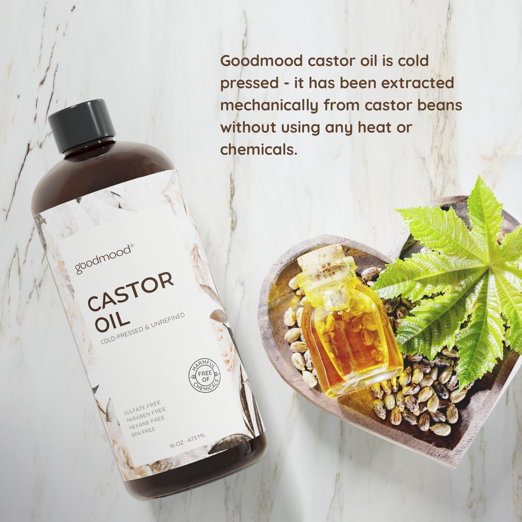 Goodmood Castor Oil Cold Pressed For Skin, For Body, For Hair Growth, For Face, For Eyelashes, Hair Growth Serum, Aceite De Ricino 100 Puro Y Natural Oil Wrap Stomach 16Oz