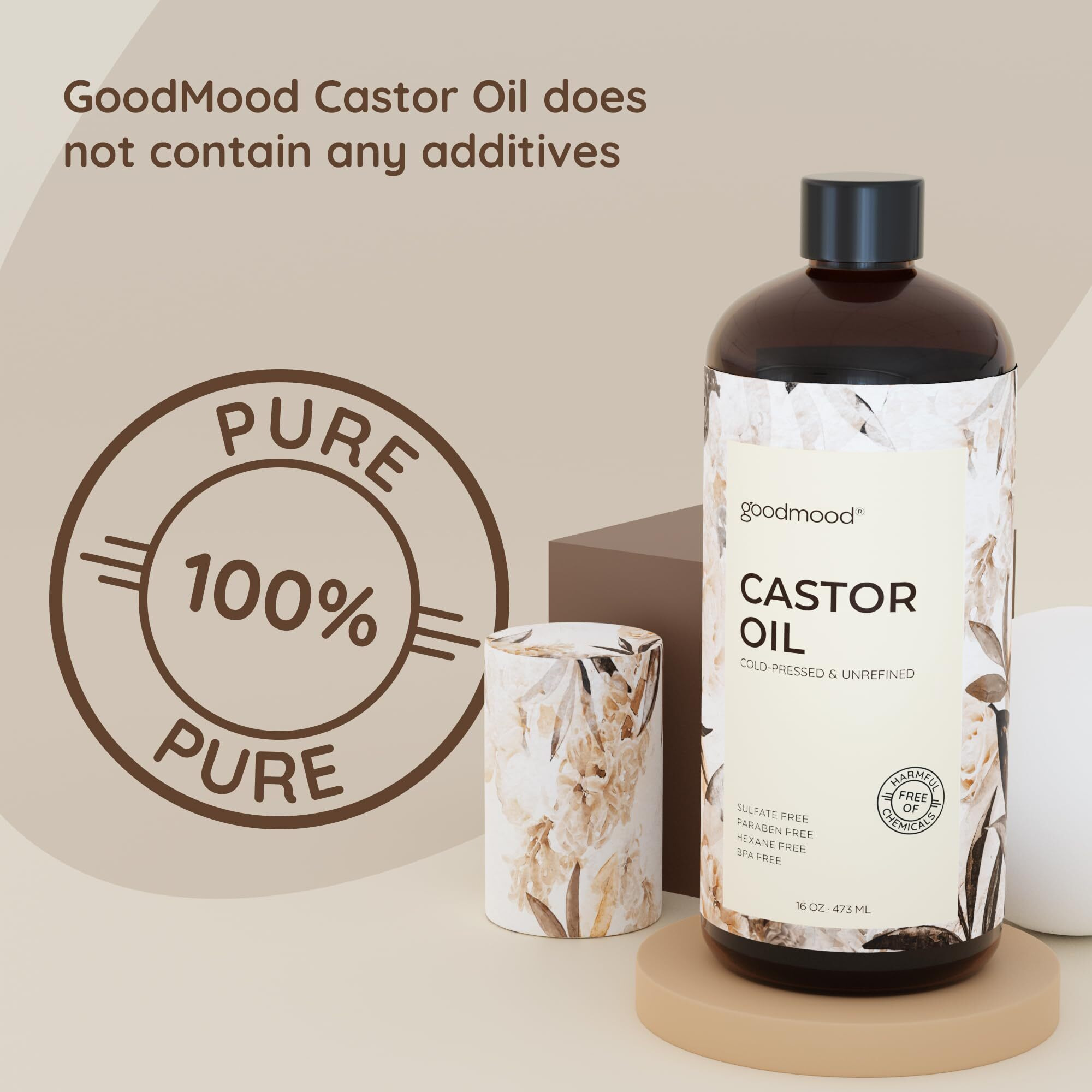 Goodmood Castor Oil Cold Pressed For Skin, For Body, For Hair Growth, For Face, For Eyelashes, Hair Growth Serum, Aceite De Ricino 100 Puro Y Natural Oil Wrap Stomach 16Oz