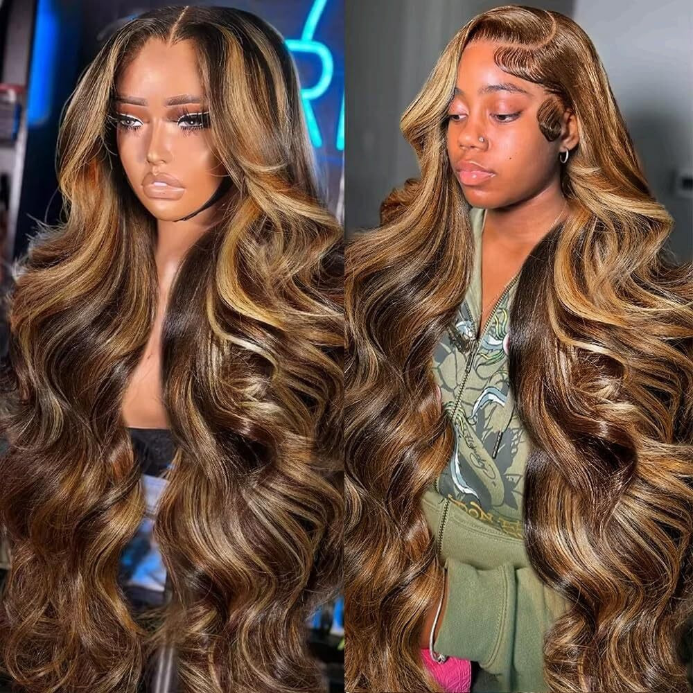Durya Honey Blonde Ombre Lace Front Wig Human Hair Highlight Body Wave Lace Front Wigs Human Hair Pre Plucked Glueless 5X5 Hd Lace Closure Wig For Women 4/27 Colored 250 Density 32 Inch