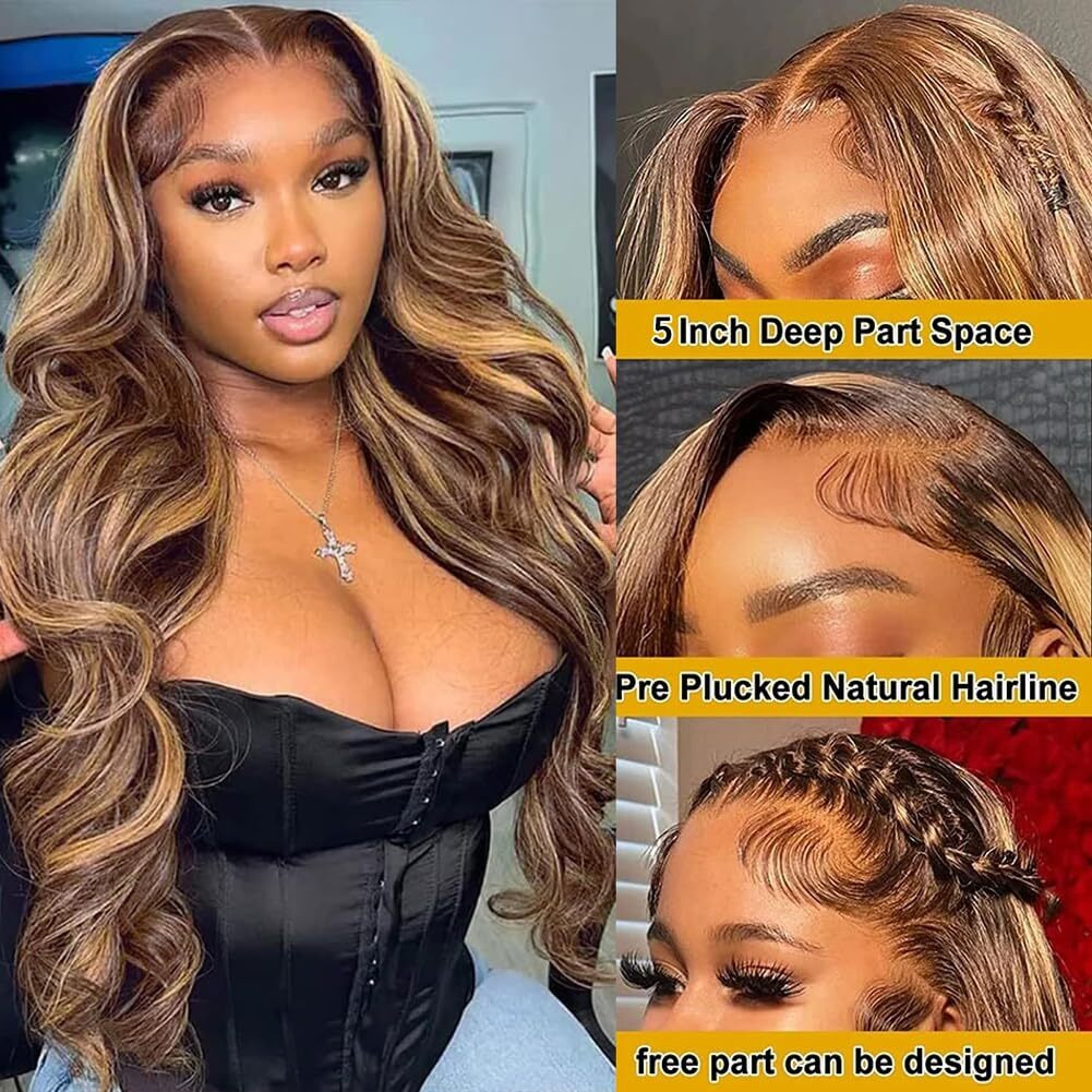 Durya Honey Blonde Ombre Lace Front Wig Human Hair Highlight Body Wave Lace Front Wigs Human Hair Pre Plucked Glueless 5X5 Hd Lace Closure Wig For Women 4/27 Colored 250 Density 32 Inch